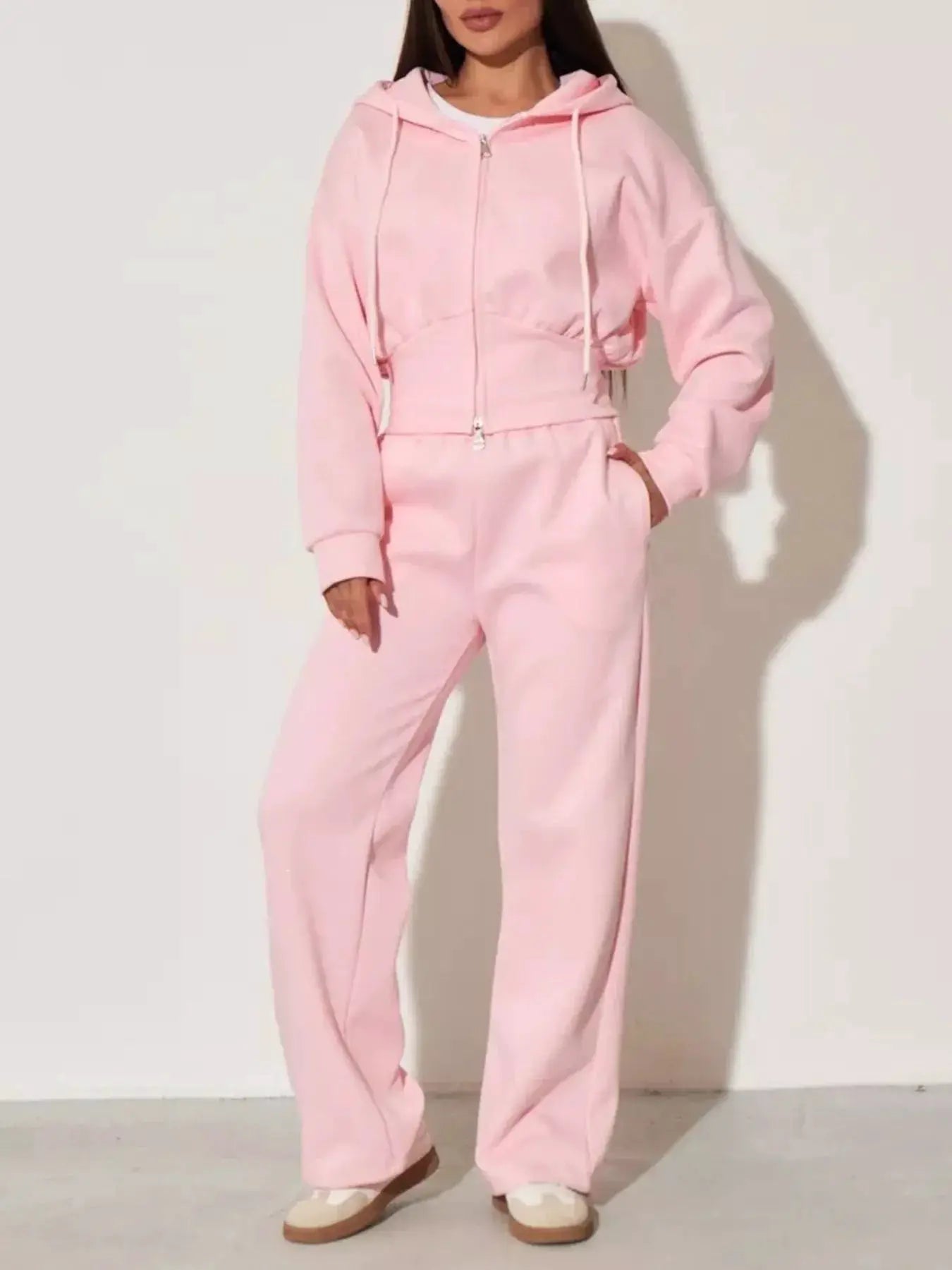 Zip-Up Hoodie and Wide-Leg Pants two-piece pink loungewear set for women
