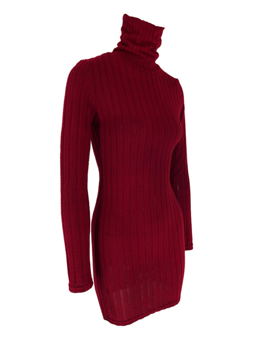 Turtleneck ribbed bodycon mini dress in deep red knit with long sleeves
