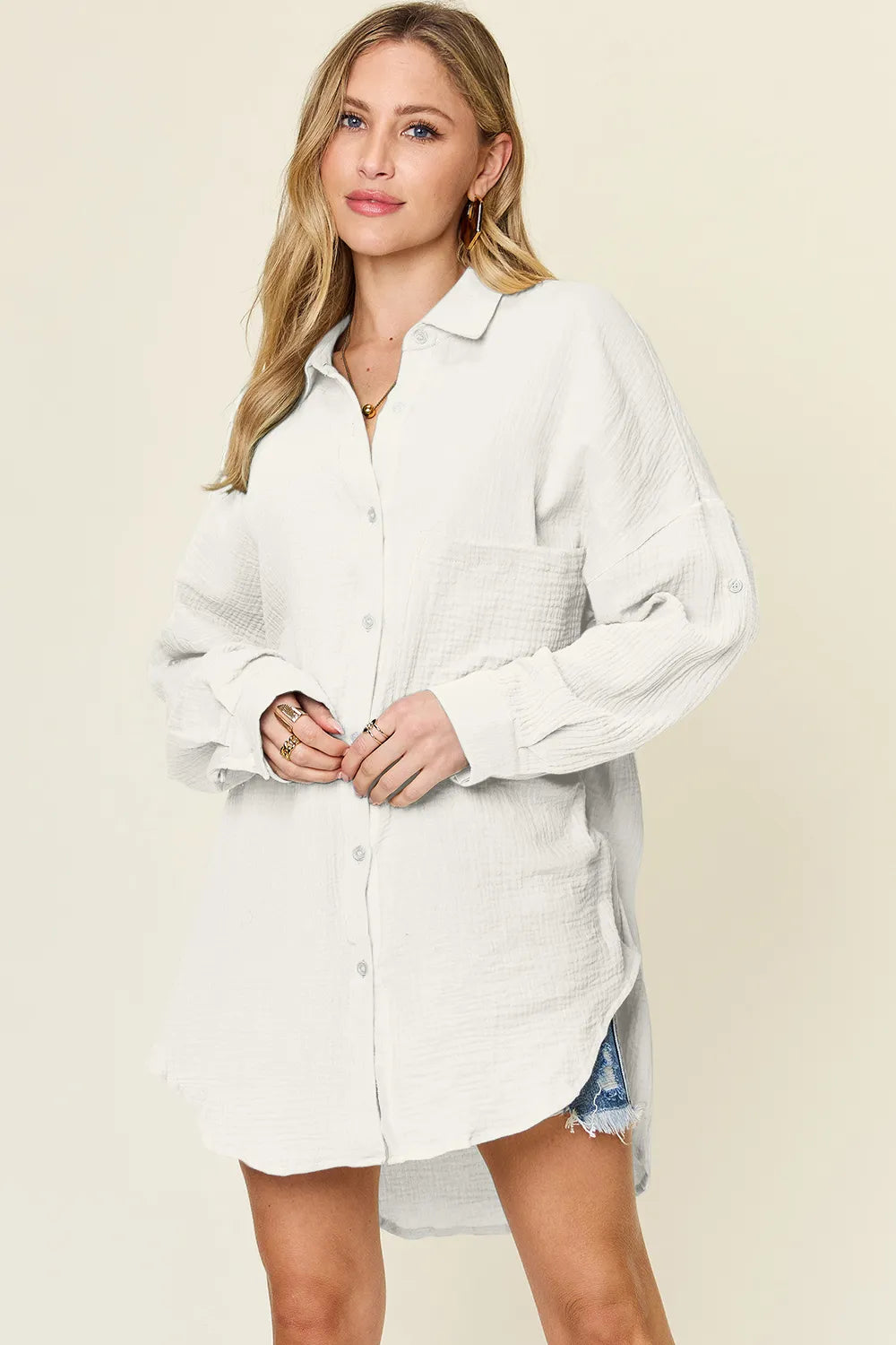 Double Take full-size pocketed textured button-up shirt, white, oversized