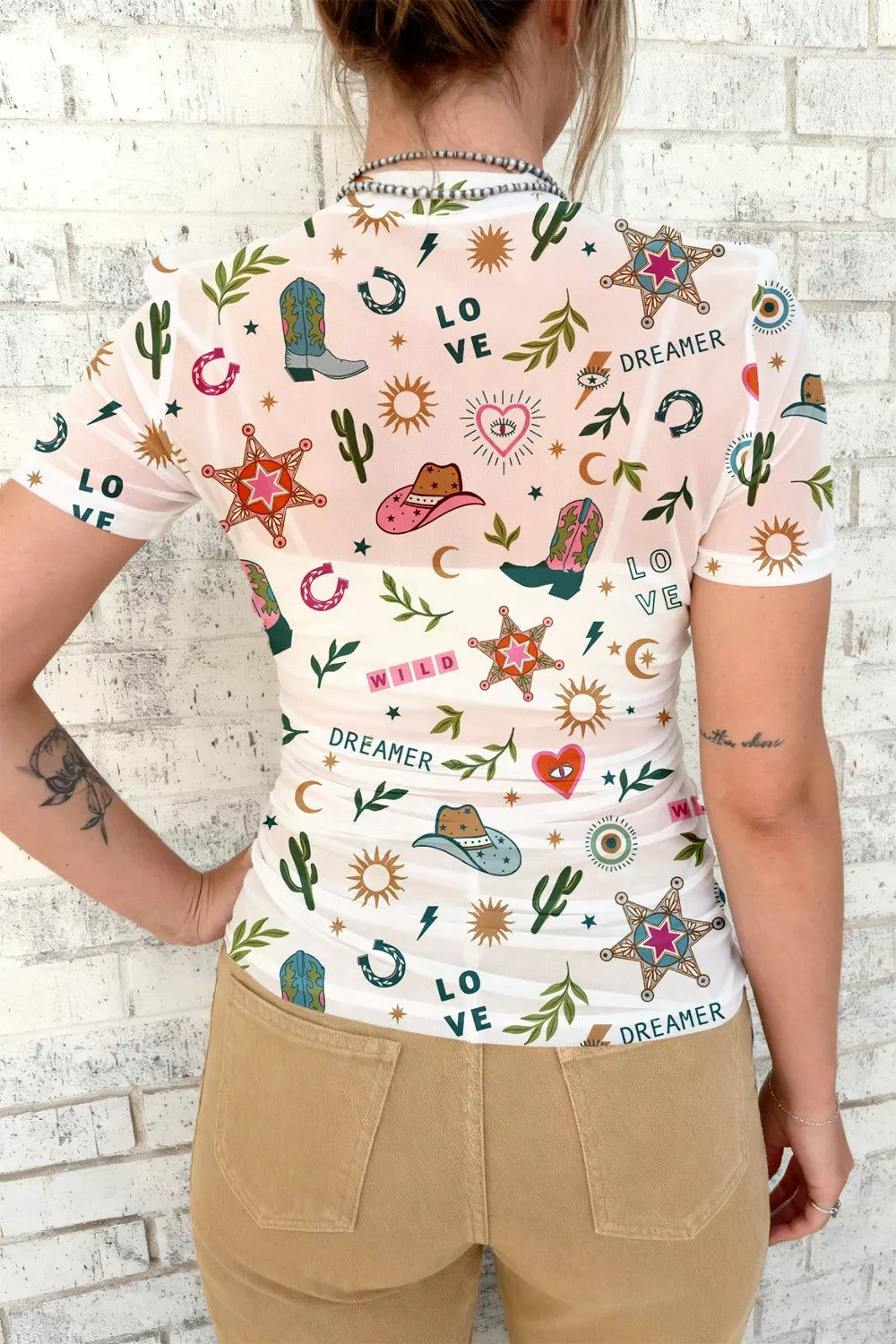LOVE WILD DREAMER Western Print Sheer Mesh Top, pink sheer top with cactus, boots and star motifs