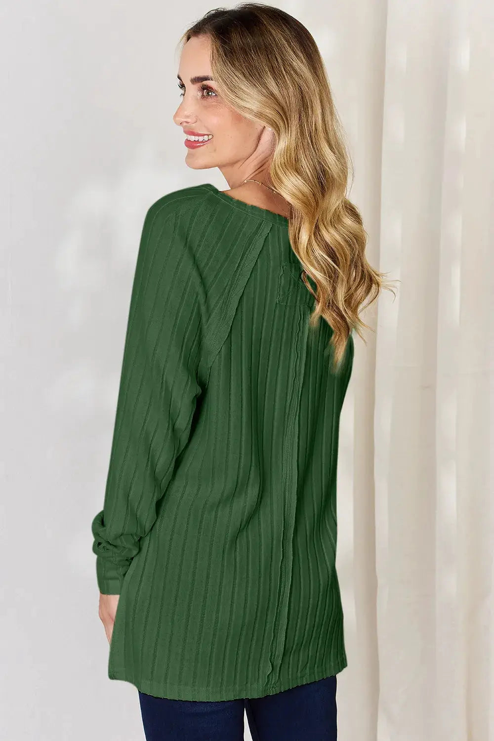 Basic Bae ribbed round-neck slit T-shirt in green, long-sleeve top