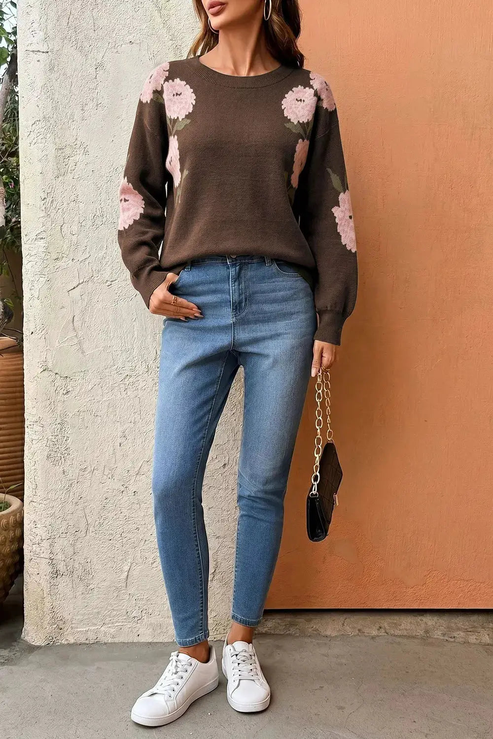 Floral Print Drop Shoulder Relaxed Sweater brown with pink blossoms by Trendsi