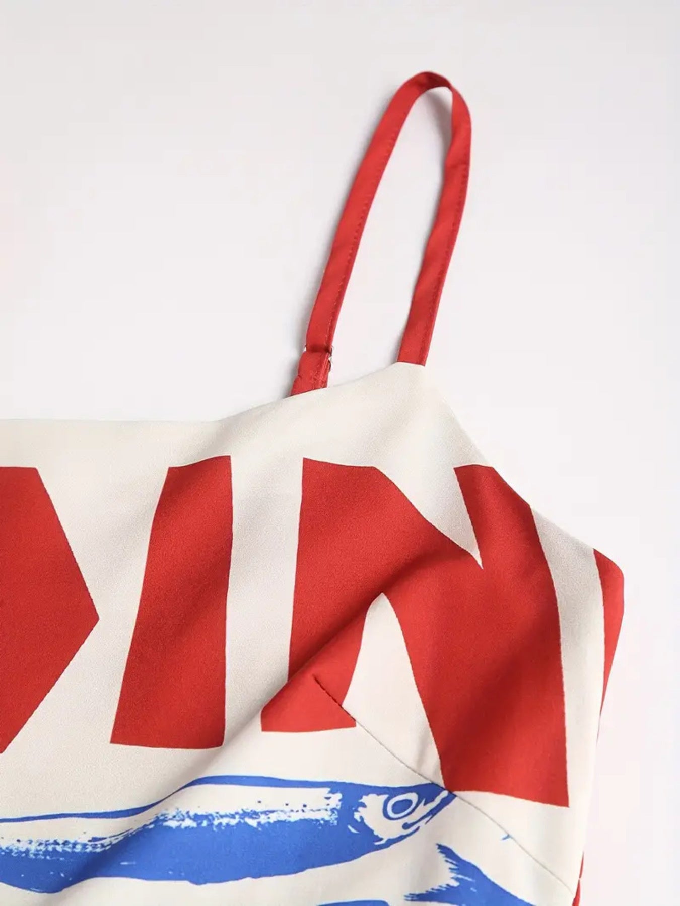 Sardine Print Spaghetti Strap Midi Dress by Bellebijouix; red spaghetti straps over bold red and white striped fabric