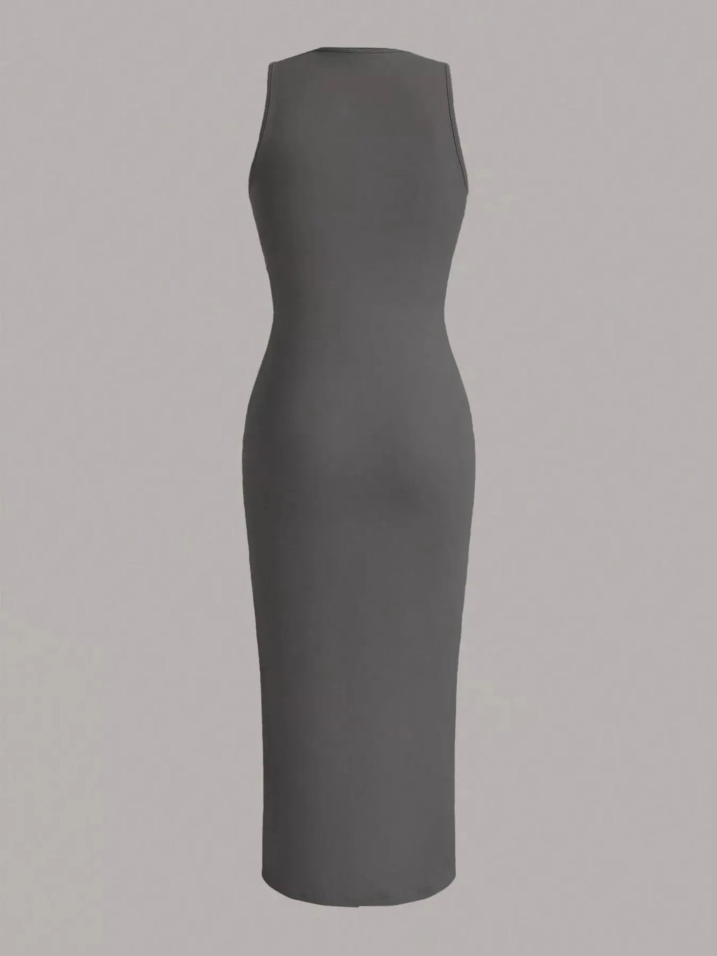 Sleeveless round-neck midi dress by Belle Bijouix in charcoal gray with stretch fabric, back view