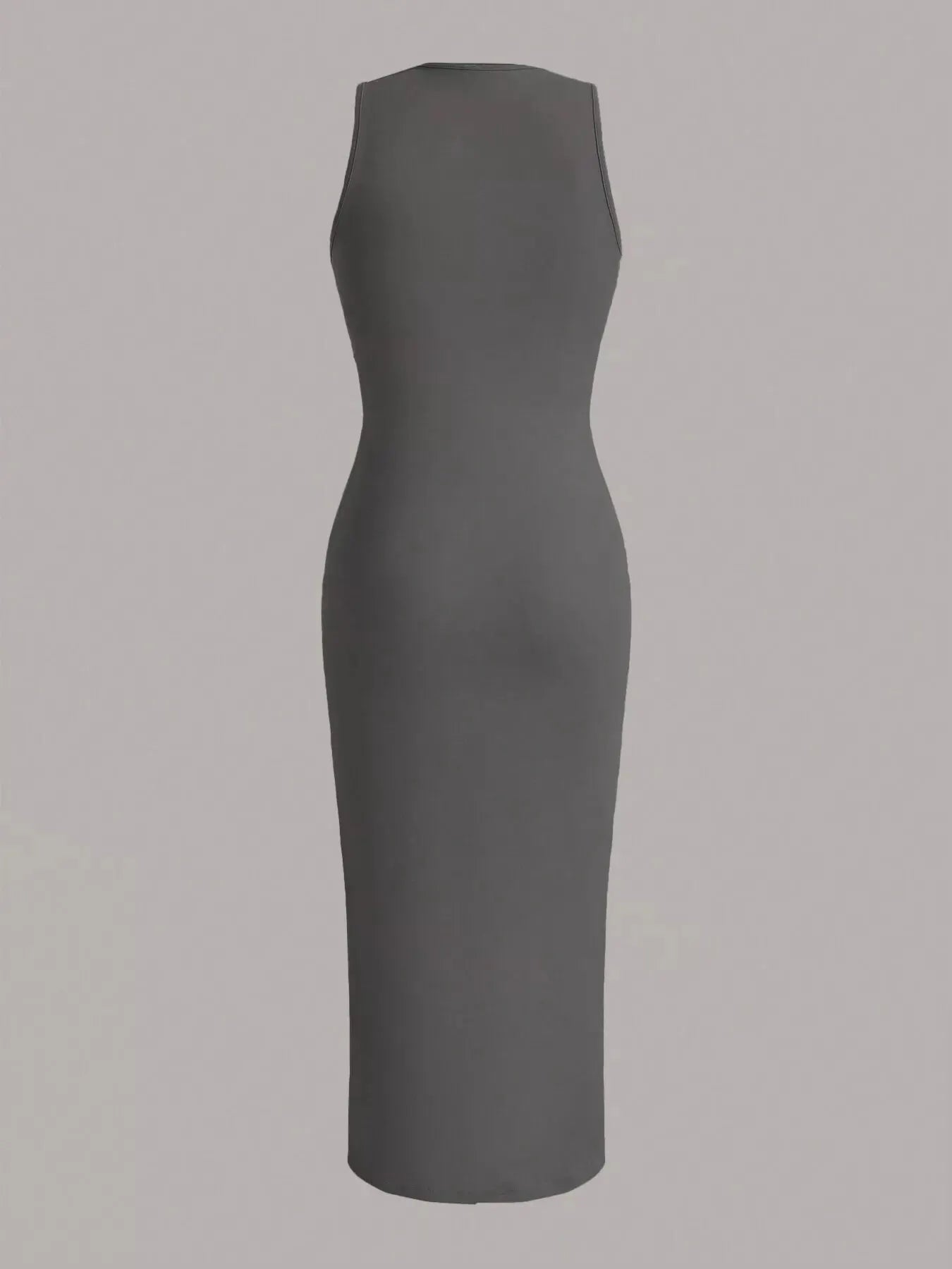 Sleeveless round-neck midi dress by Belle Bijouix in charcoal gray with stretch fabric, back view
