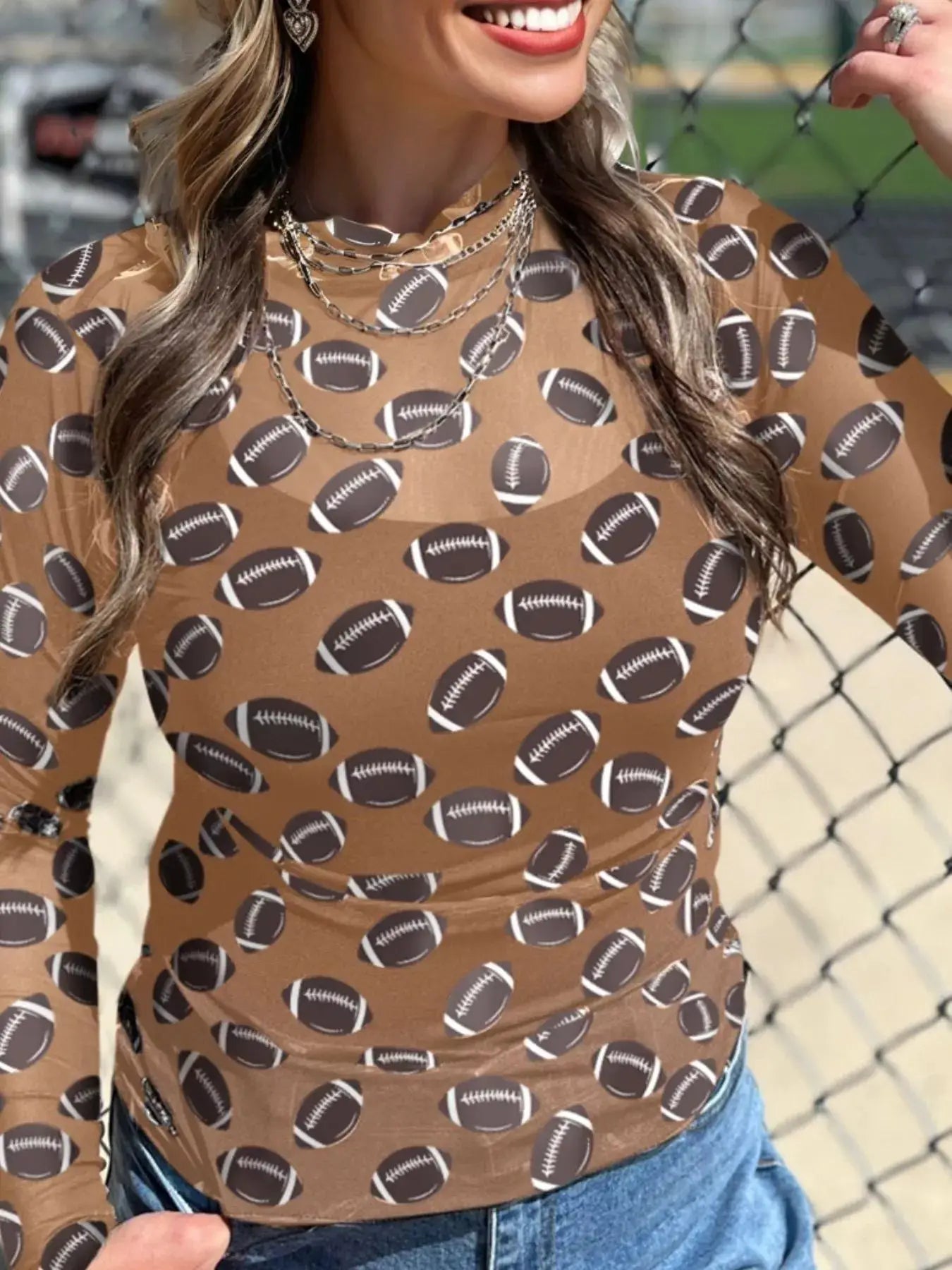 Game Day Mesh Sheer Long Sleeve Top, brown with football-pattern print