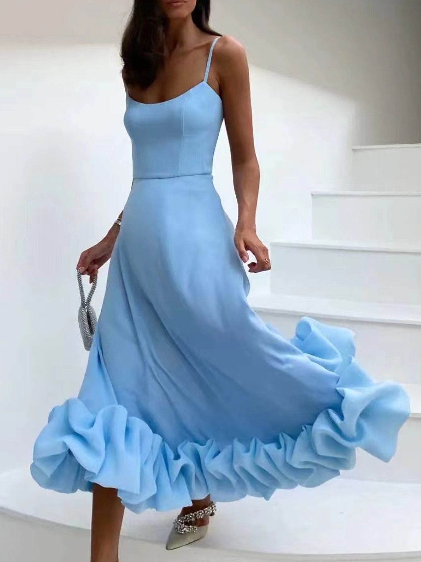 Ruffle Hem Scoop Neck Midi Dress by Trendsi in light blue with thin spaghetti straps