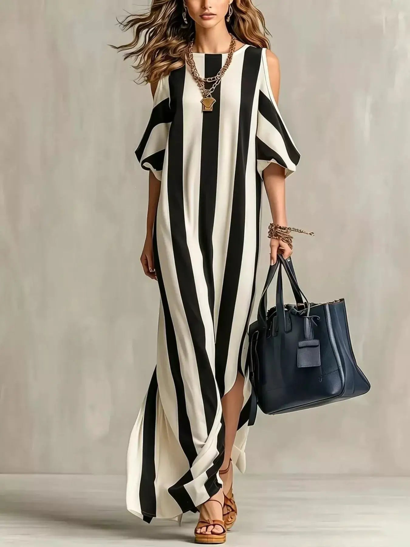 Striped black and white cold-shoulder maxi dress with a side slit, flowy floor-length silhouette