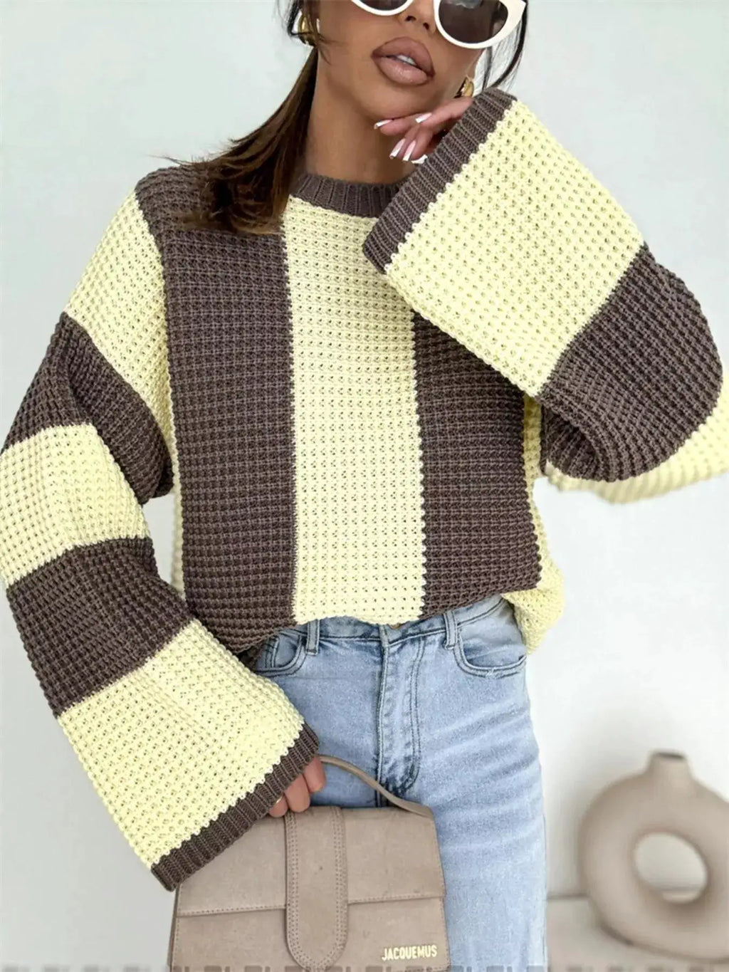 Color Block Long Sleeve Sweater, oversized knit in brown, cream and beige; Belle Bijouix.