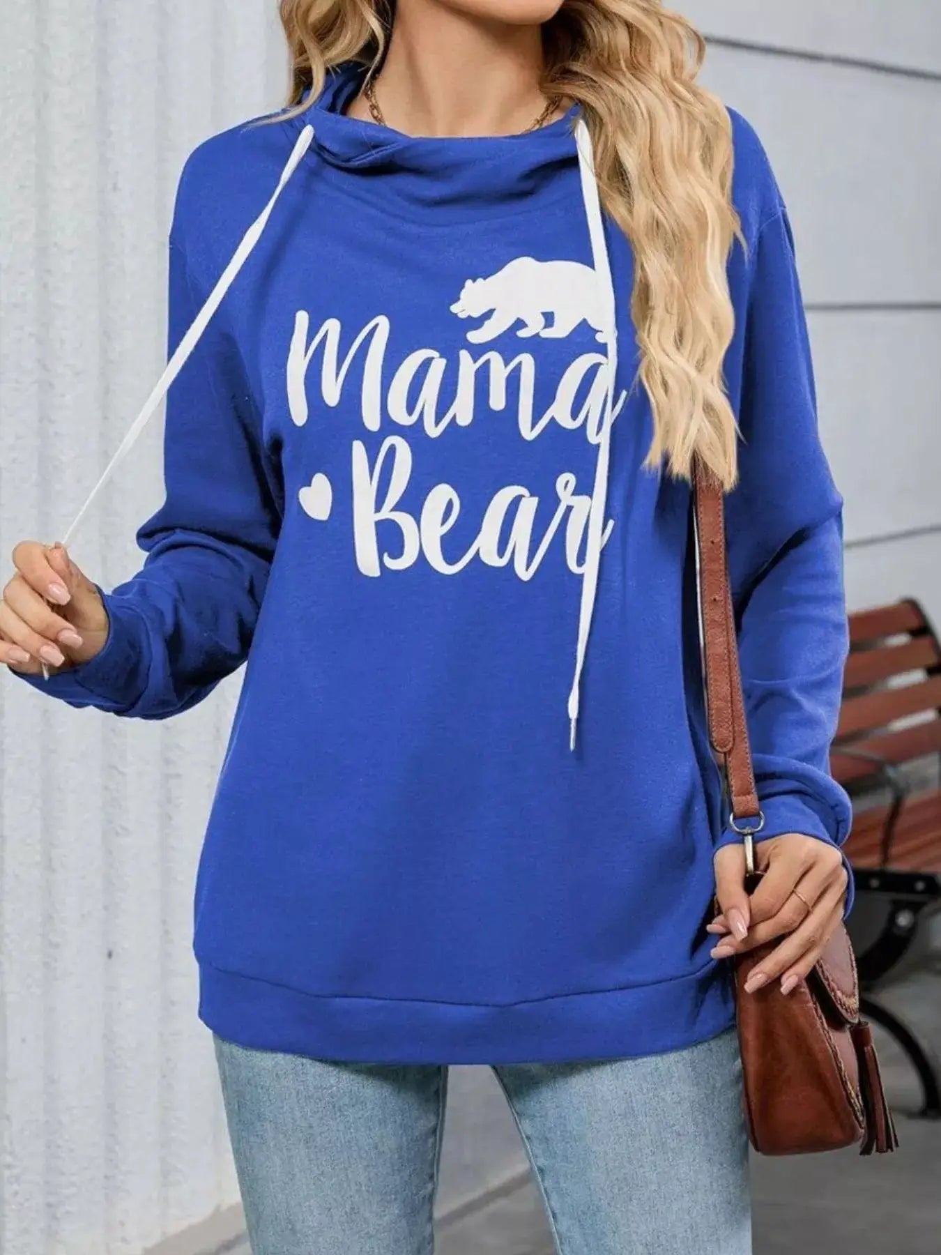 Letter Drawstring Long Sleeve Hoodie in blue with white drawstrings and Mama Bear graphic