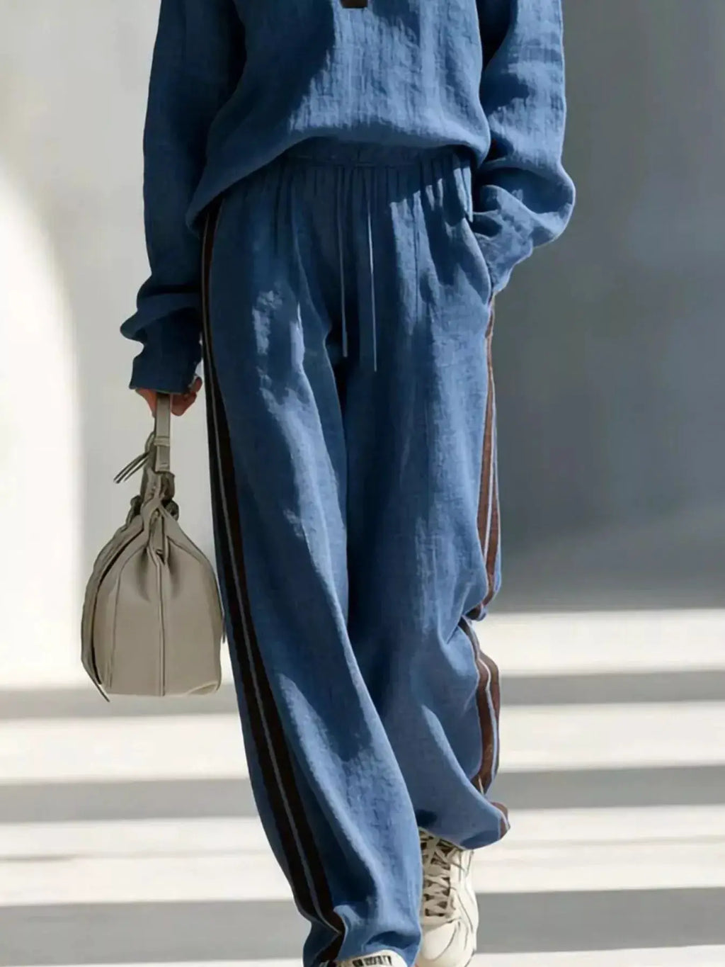 Contrast V-Neck Top and Striped Pants Set by Trendsi in blue with brown side stripes