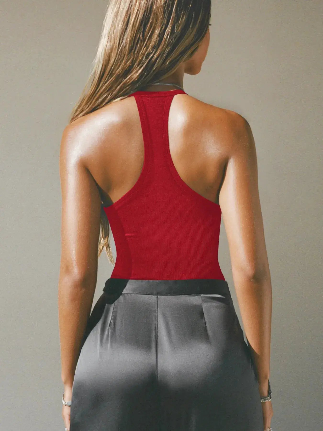 Cutout ribbed red tank top, racerback style, women's Tops