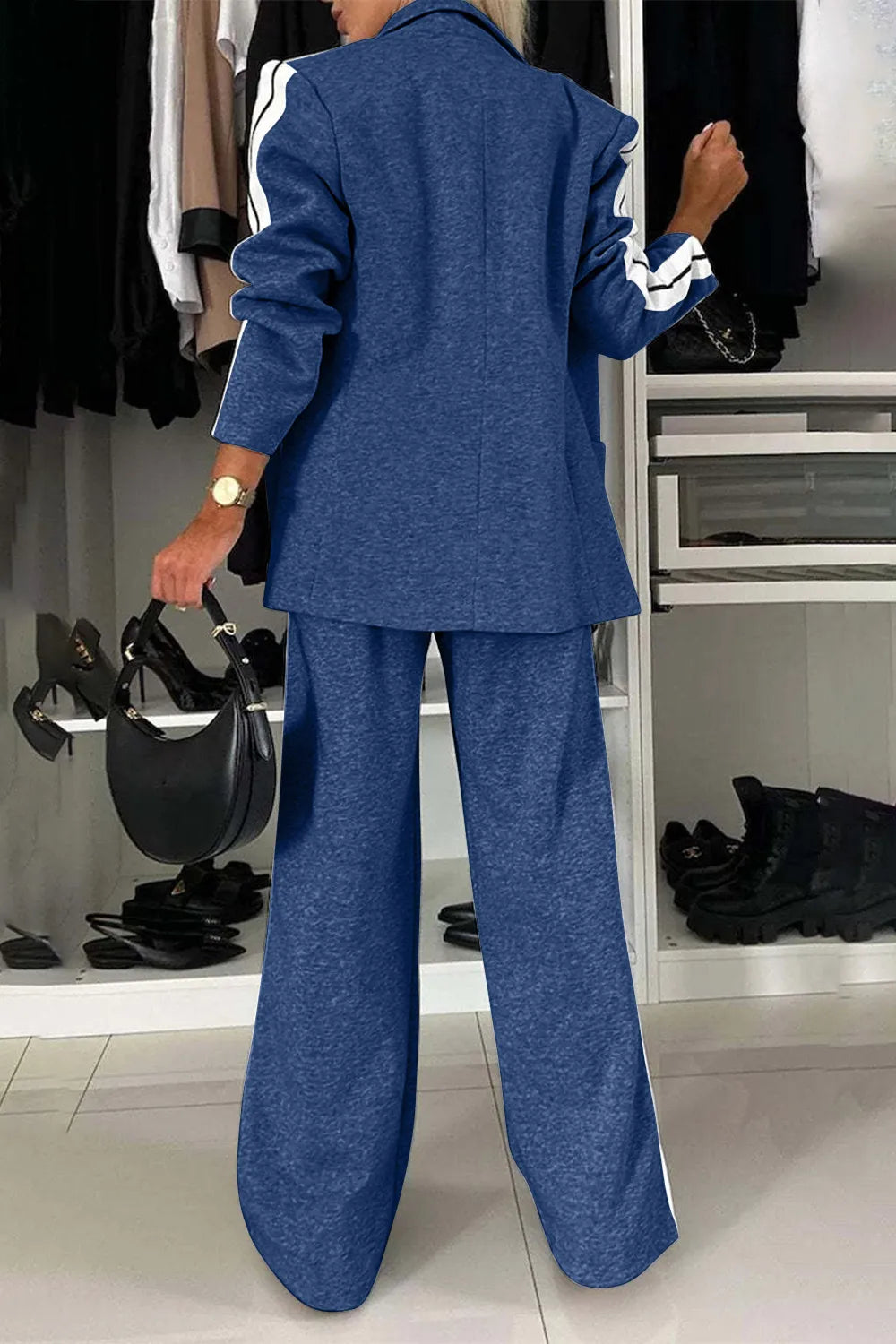 Full Size Contrast Lapel Collar Top and Pants Set in blue with white striped sleeves; buttoned and pocketed activewear