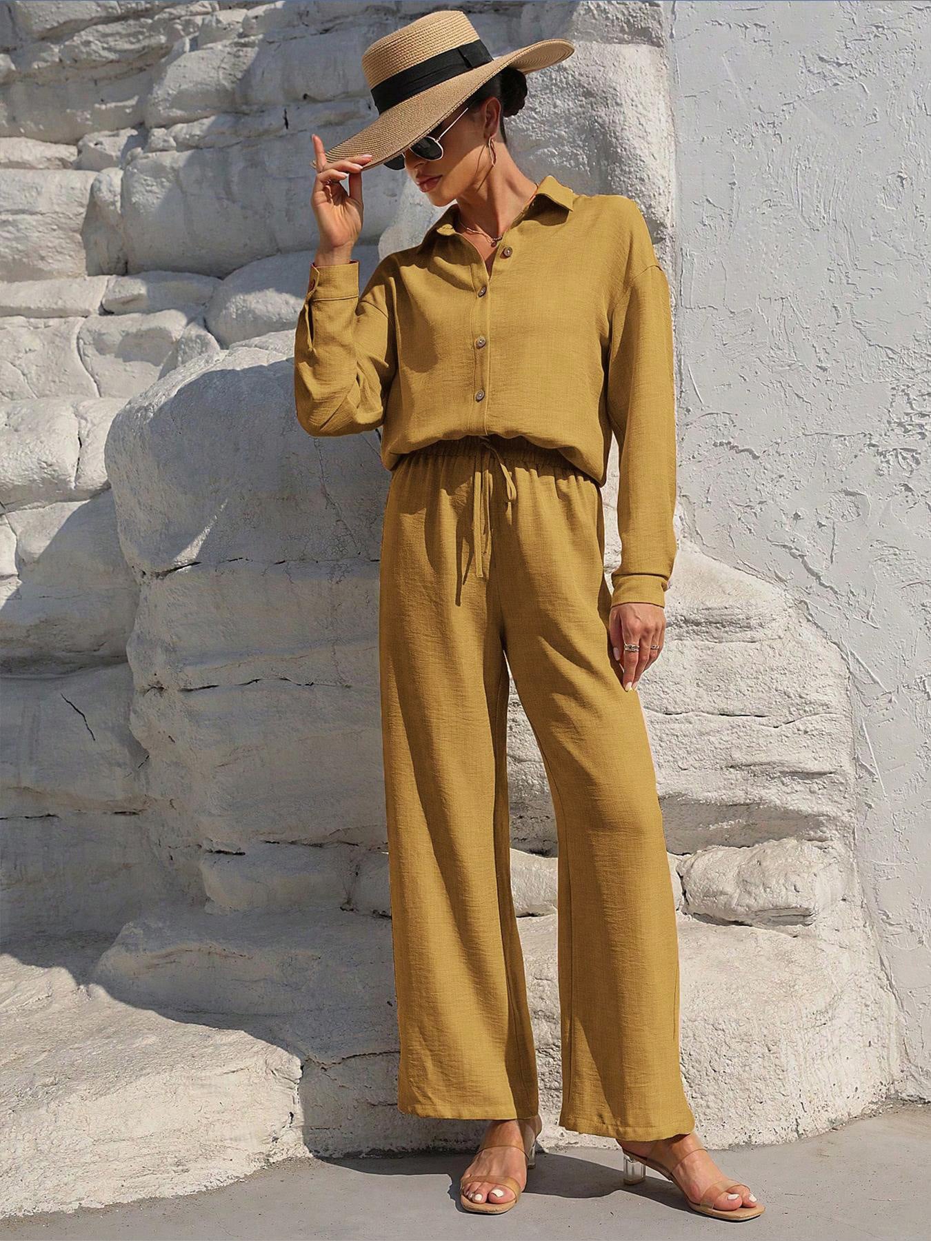 Button Up Long Sleeve Shirt and Pants Set in mustard linen-look fabric