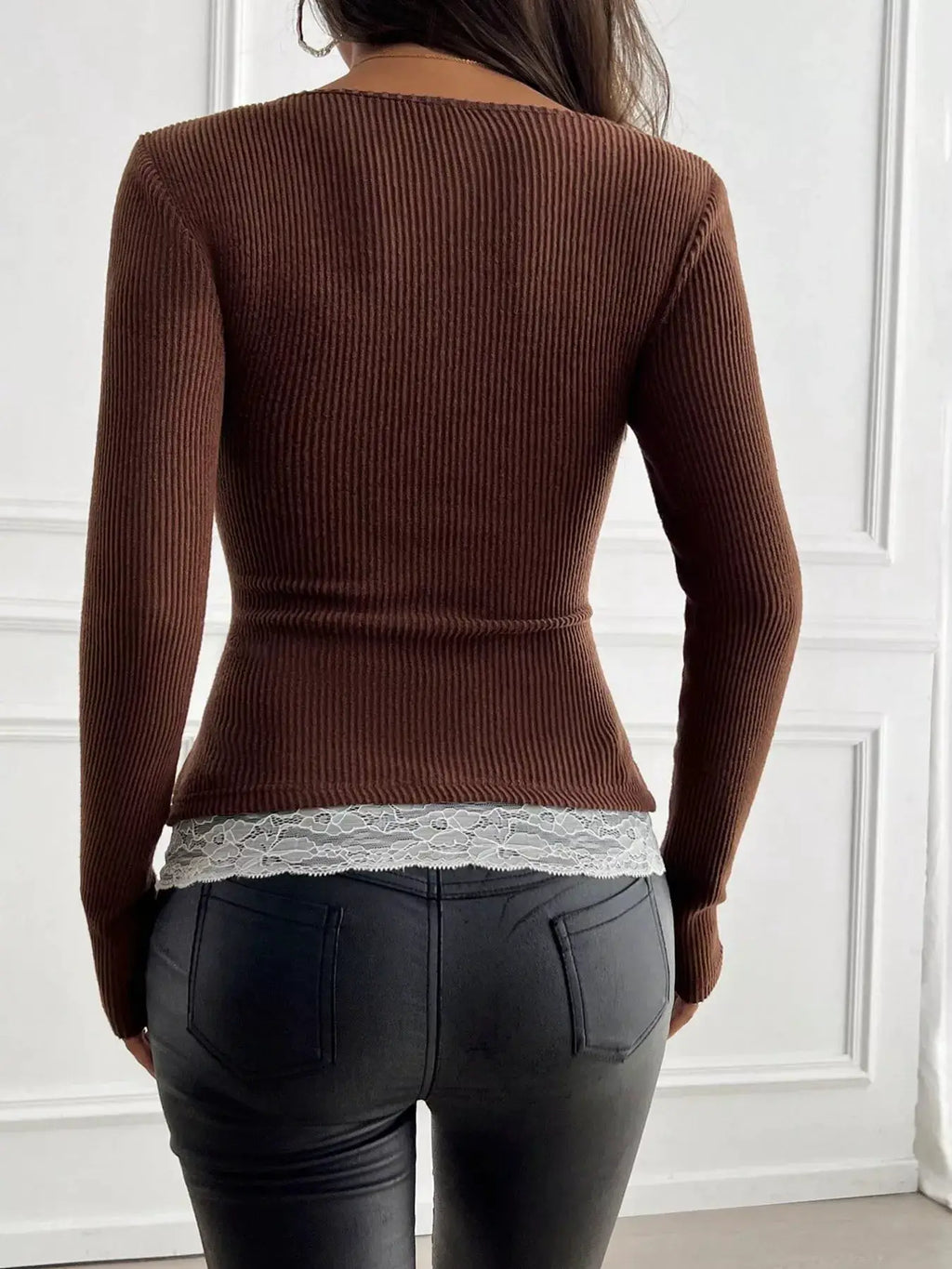 Lace Detail Long Sleeve Ribbed Top, brown ribbed knit with white lace trim at hem.