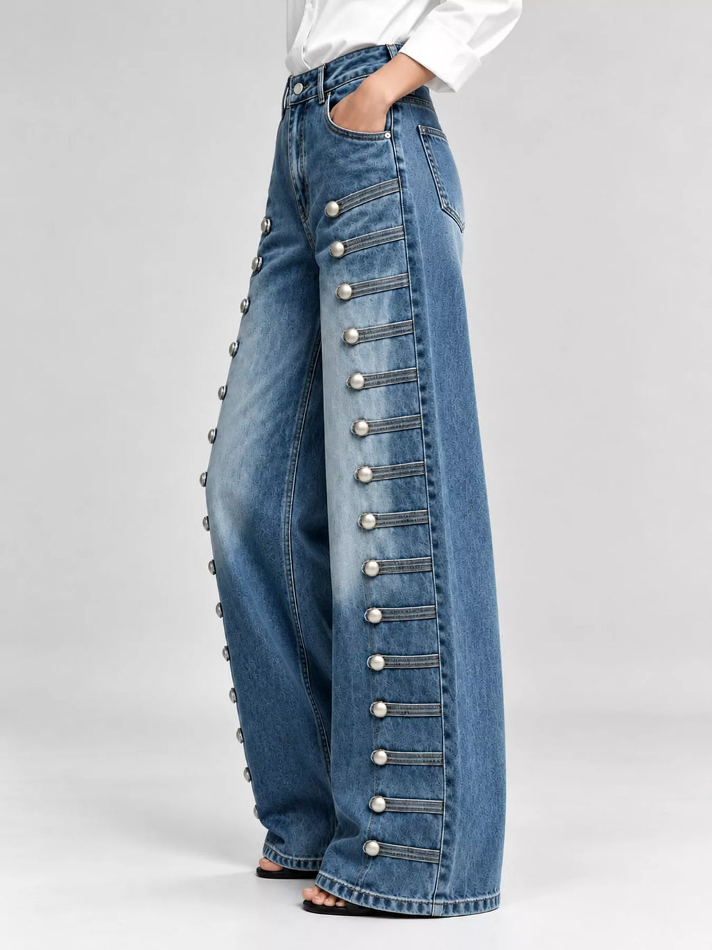 High-Waist Button Detail Wide-Leg Jeans in Dark Blue by Belle Bijouix – side view