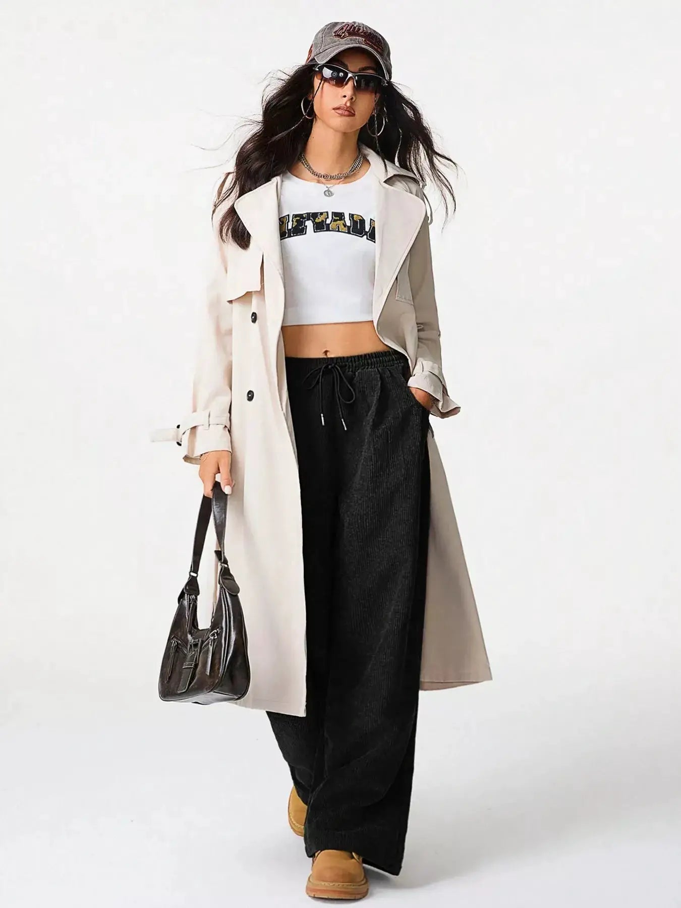 Casual corduroy wide-leg pants in black with drawstring and pockets