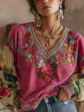 Plus Size Floral Embroidered V-Neck Blouse by Trendsi in pink with multicolor embroidery