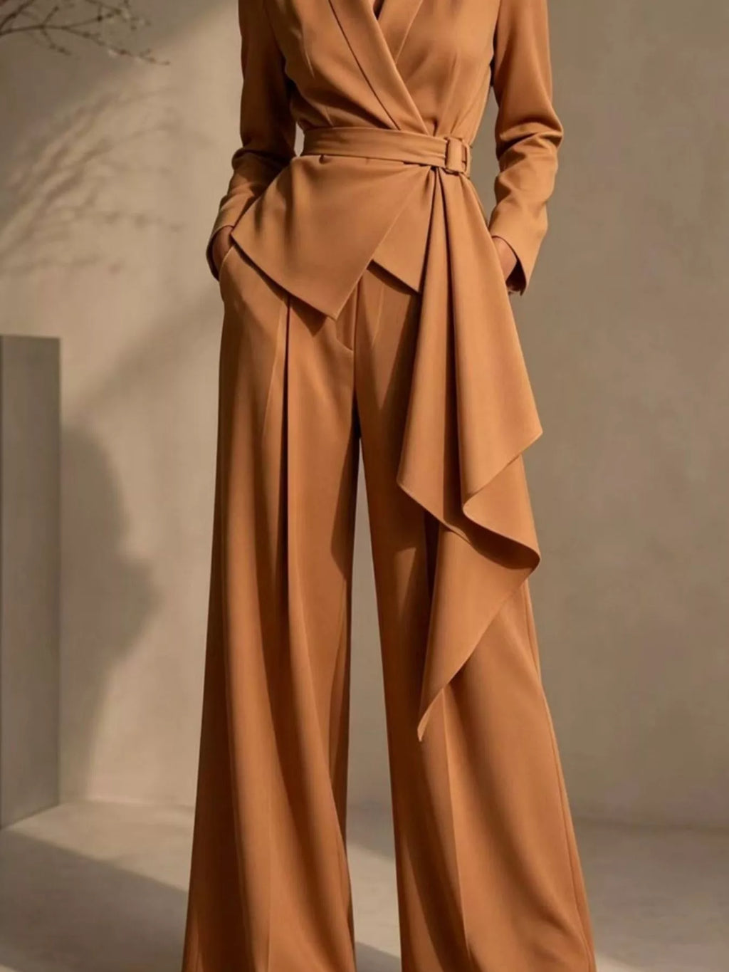 Belted Blazer and Wide-Leg Pants Set