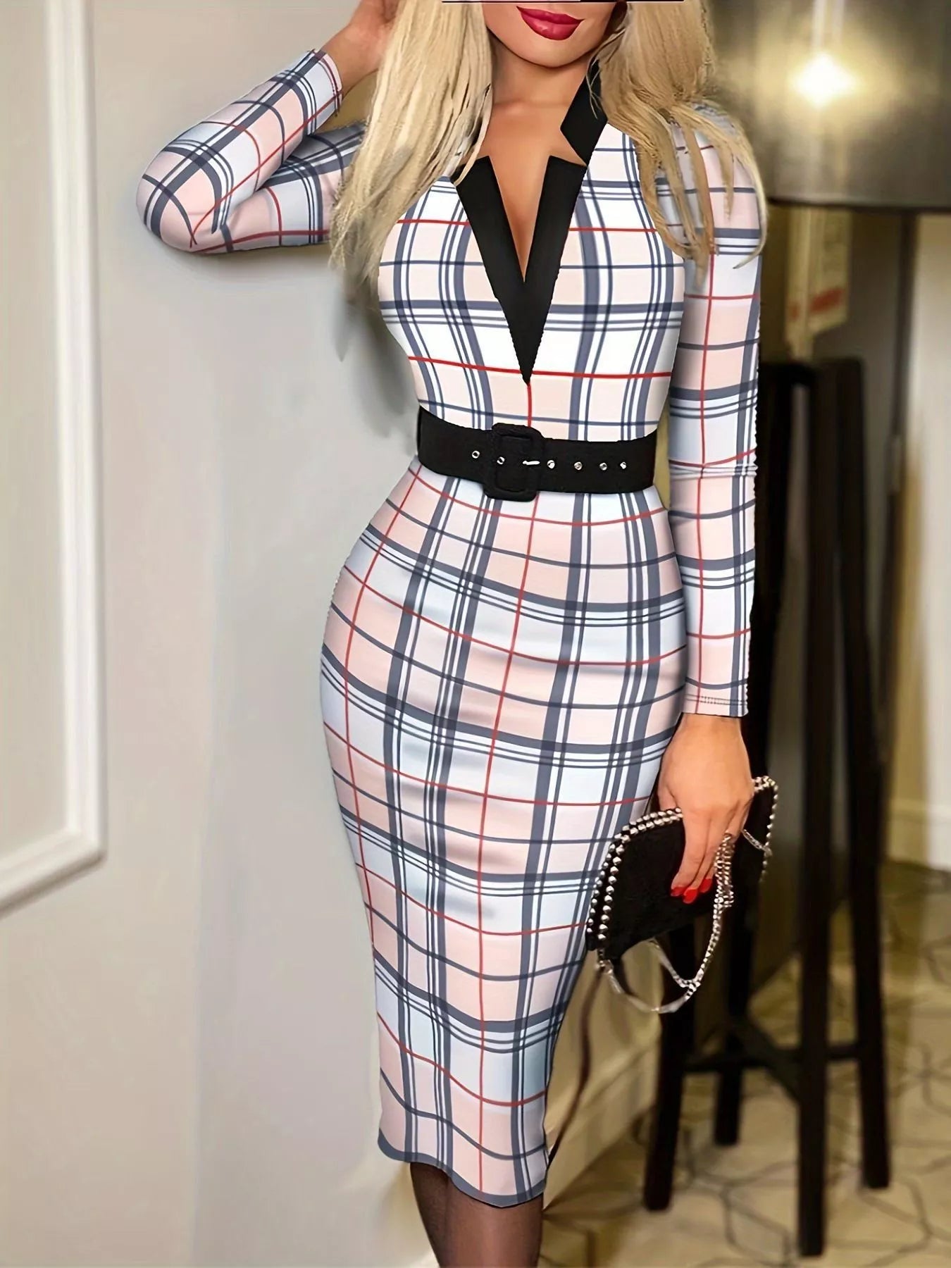 Full Size Notched Long Sleeve Dress Plus Size, belted plaid dress in pink and blue with black V-notch neckline