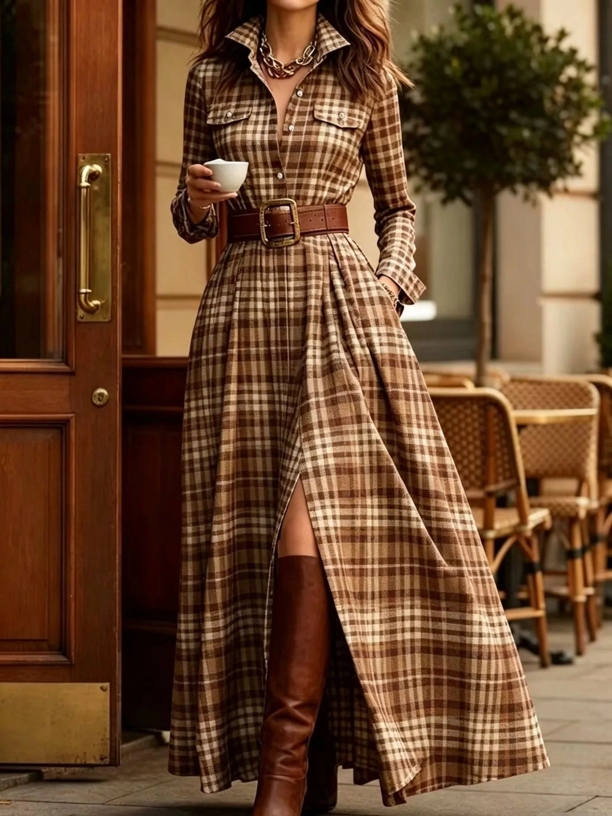 Belted Plaid Button-Down Maxi Shirt Dress in Apricot Plaid by Belle Bijouix – view 26 of 27