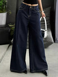 Wide Leg Jeans in dark indigo denim, pocketed and buttoned