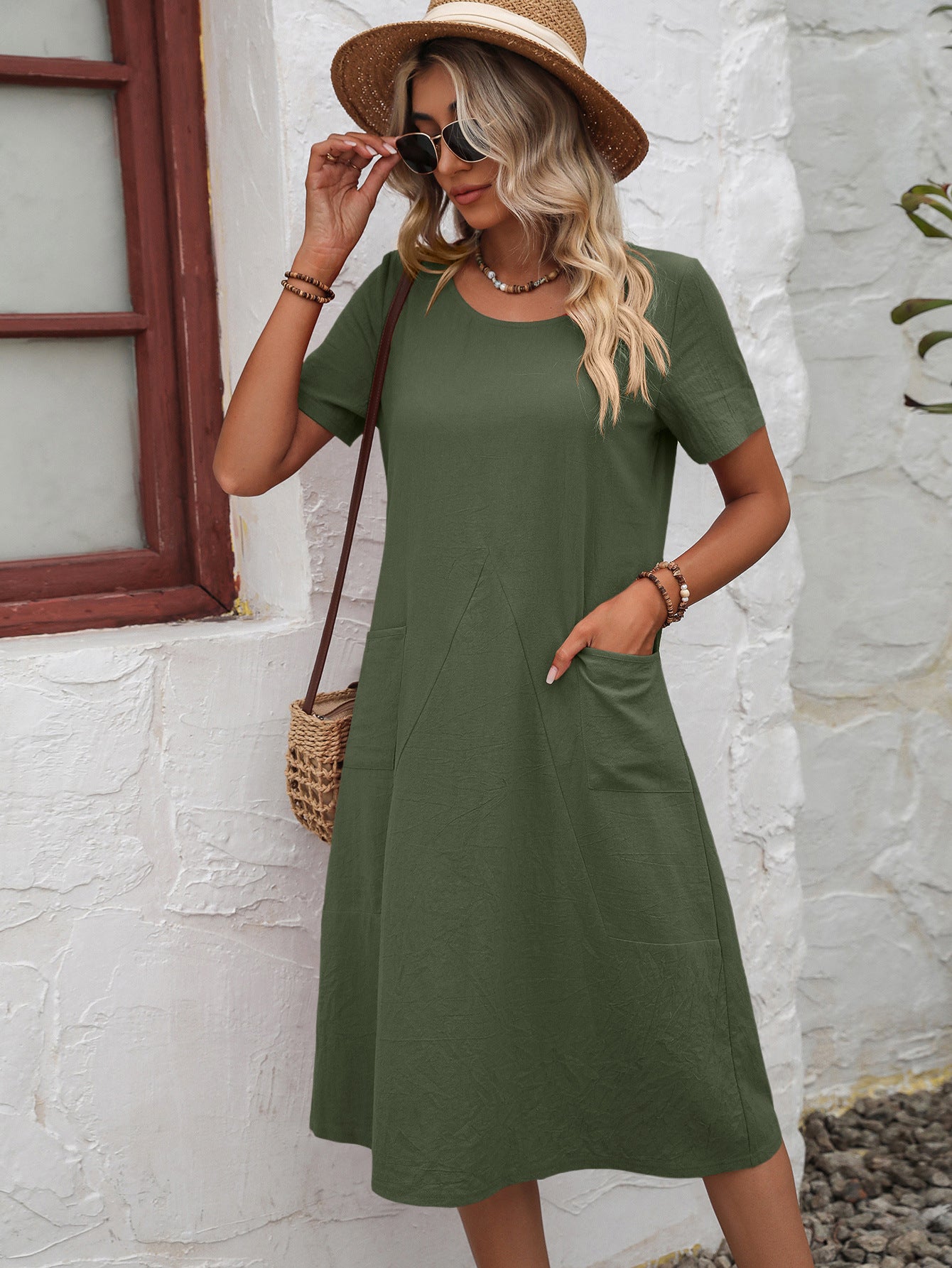 Ivy Lane Round Neck Short Sleeve Dress with Pockets, olive green