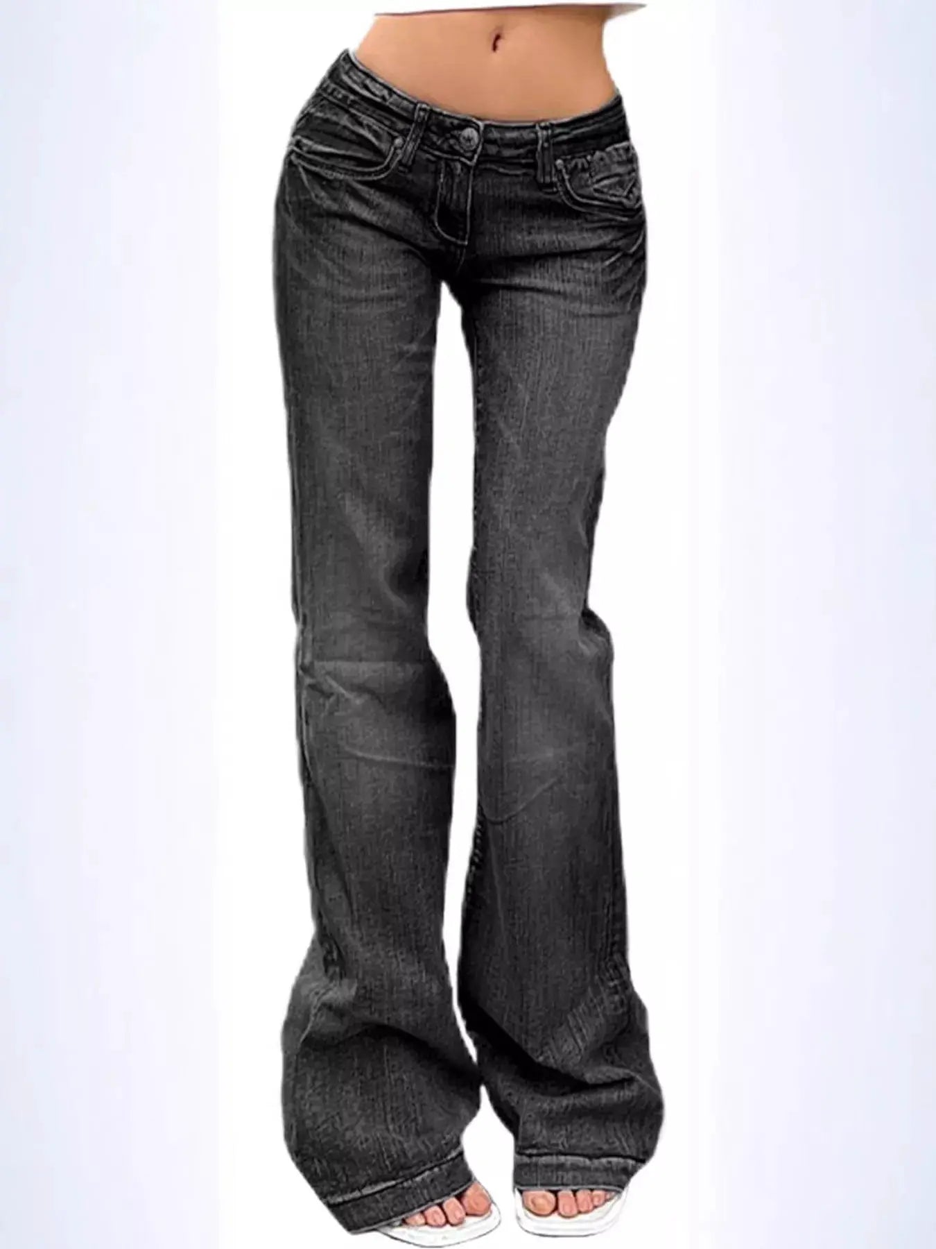 Low Rise Flare Jeans by Belle Bijouix in dark denim with front pockets