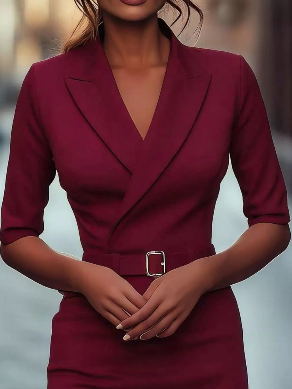 Surplice half-sleeve dress, burgundy, belted waist and V-neck.
