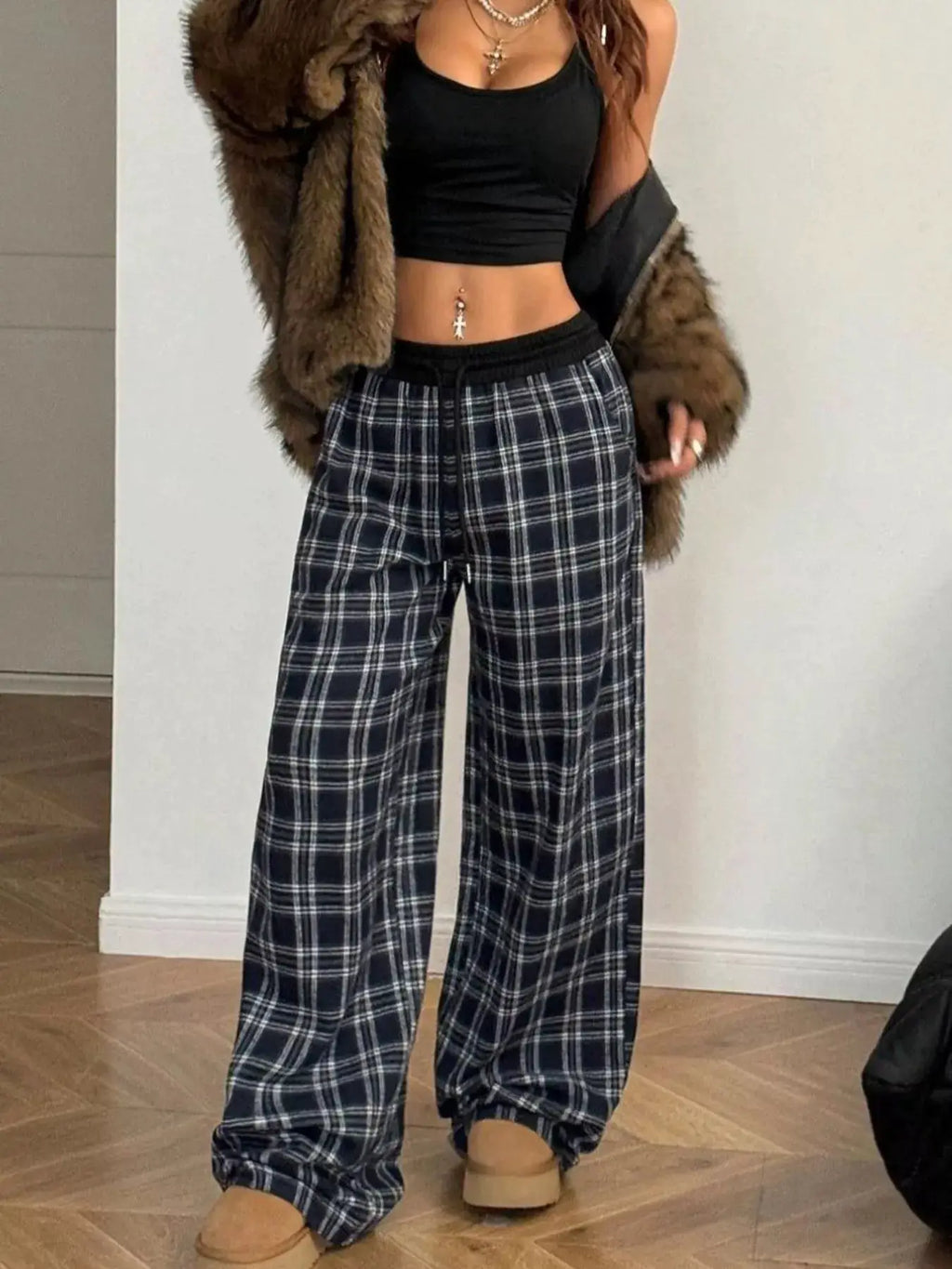 Relaxed Fit Plaid Pants with drawstring waist and pockets, navy and white plaid