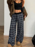 Relaxed Fit Plaid Pants with drawstring waist and pockets, navy and white plaid