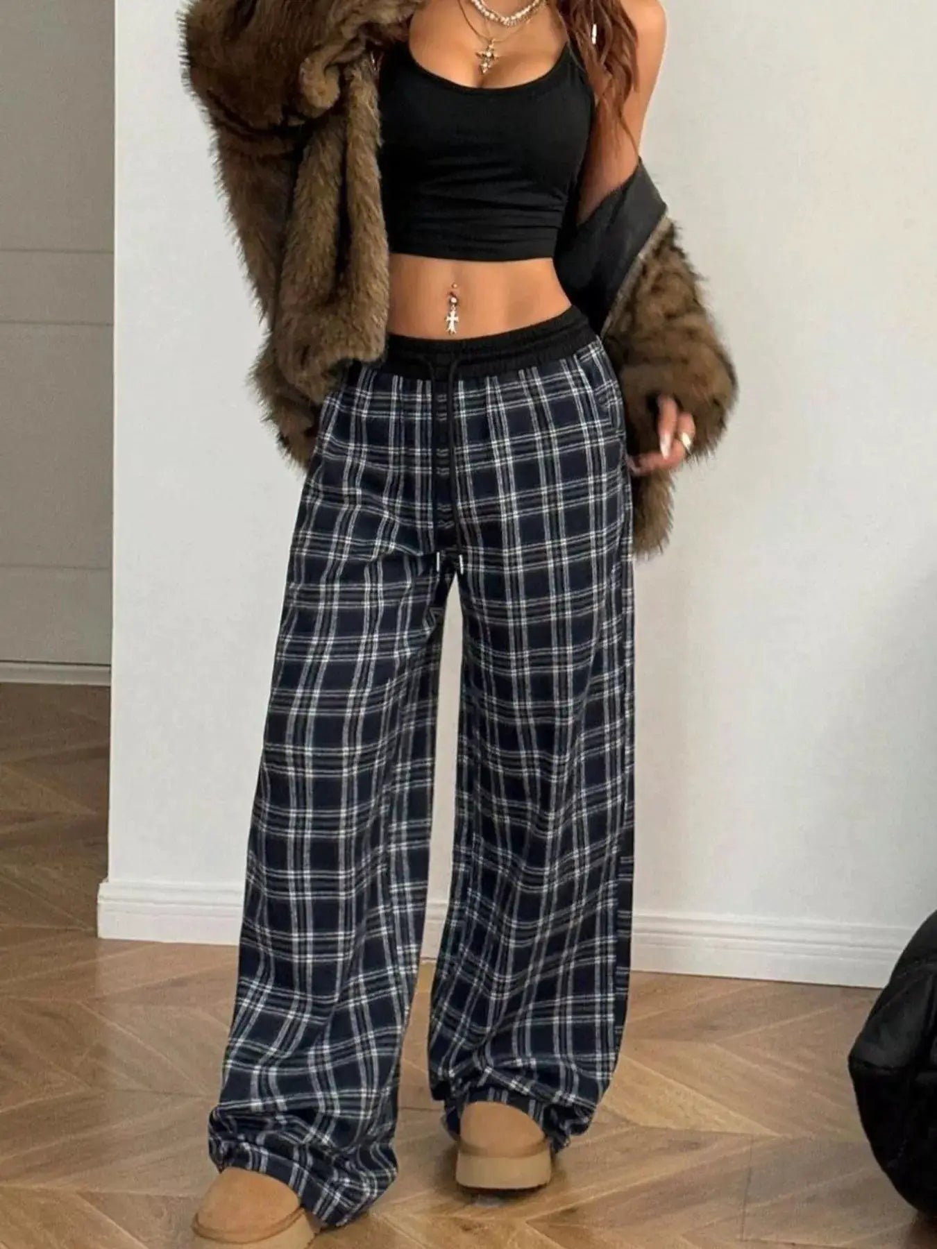 Relaxed Fit Plaid Pants with drawstring waist and pockets, navy and white plaid