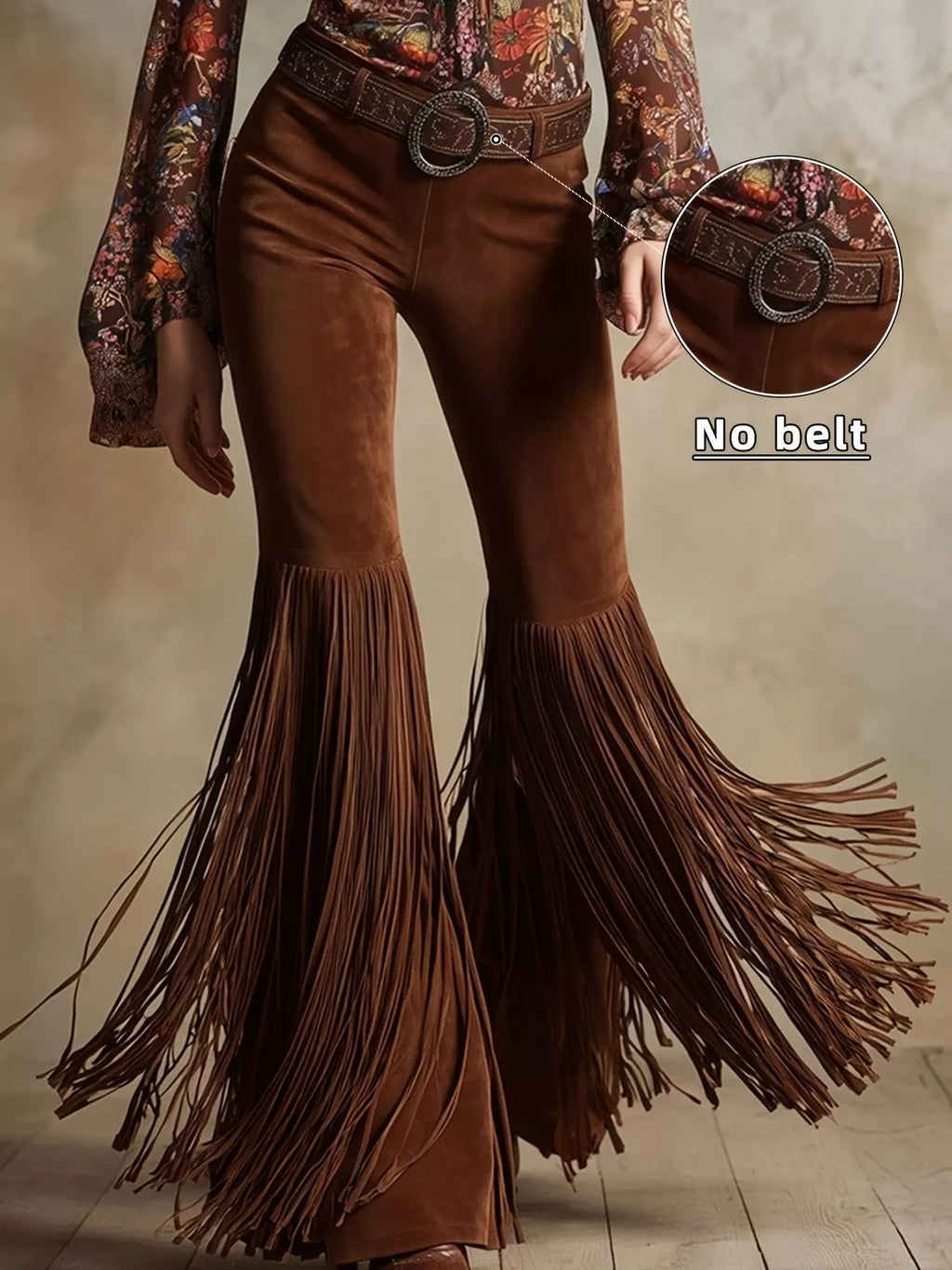 Fringe Flare Pants by Trendsi in brown faux suede with long fringe trim