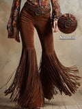 Fringe Flare Pants by Trendsi in brown faux suede with long fringe trim