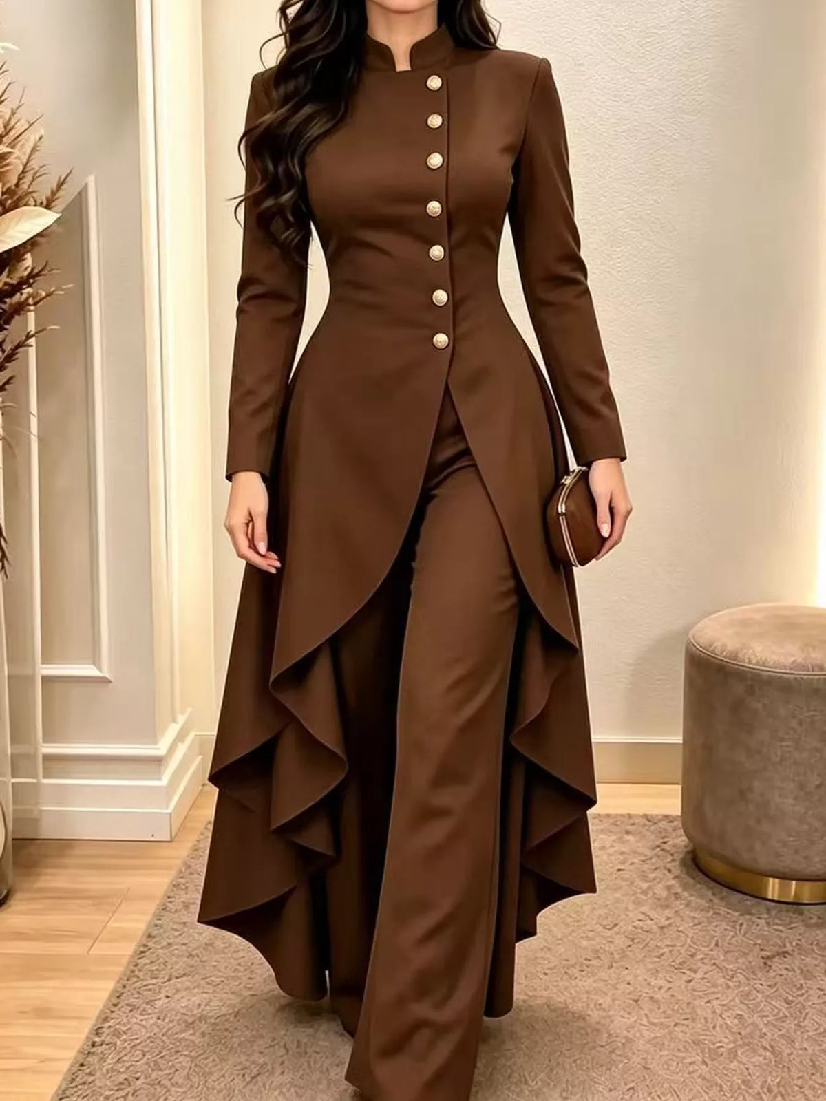 Ruffled High-Low Button Tunic & Wide-Leg Pants Set in Dark Brown by Belle Bijouix – view 48 of 82
