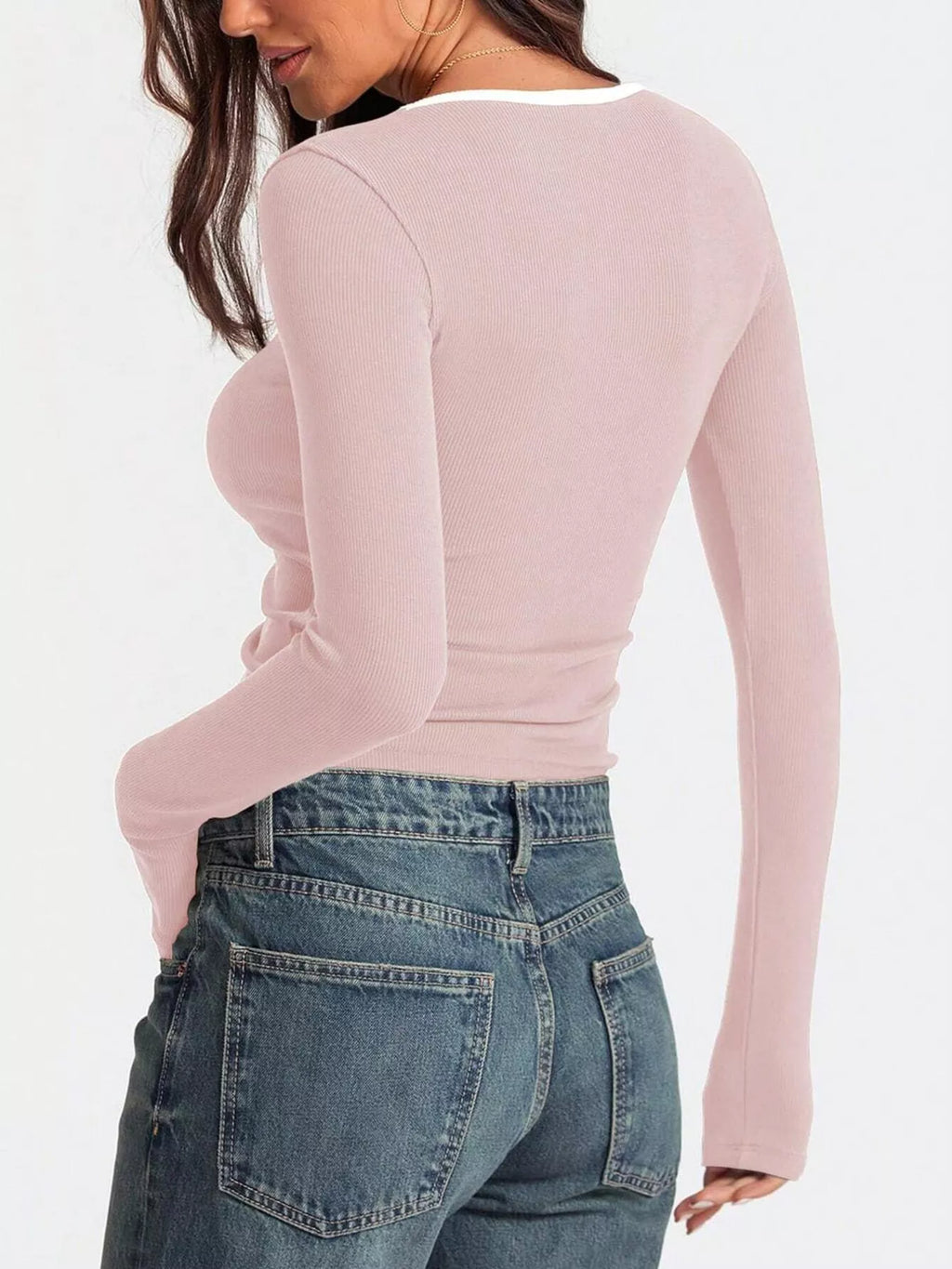 Scoop Neck Long Sleeve T-Shirt in pale pink ribbed knit by Belle Bijouix