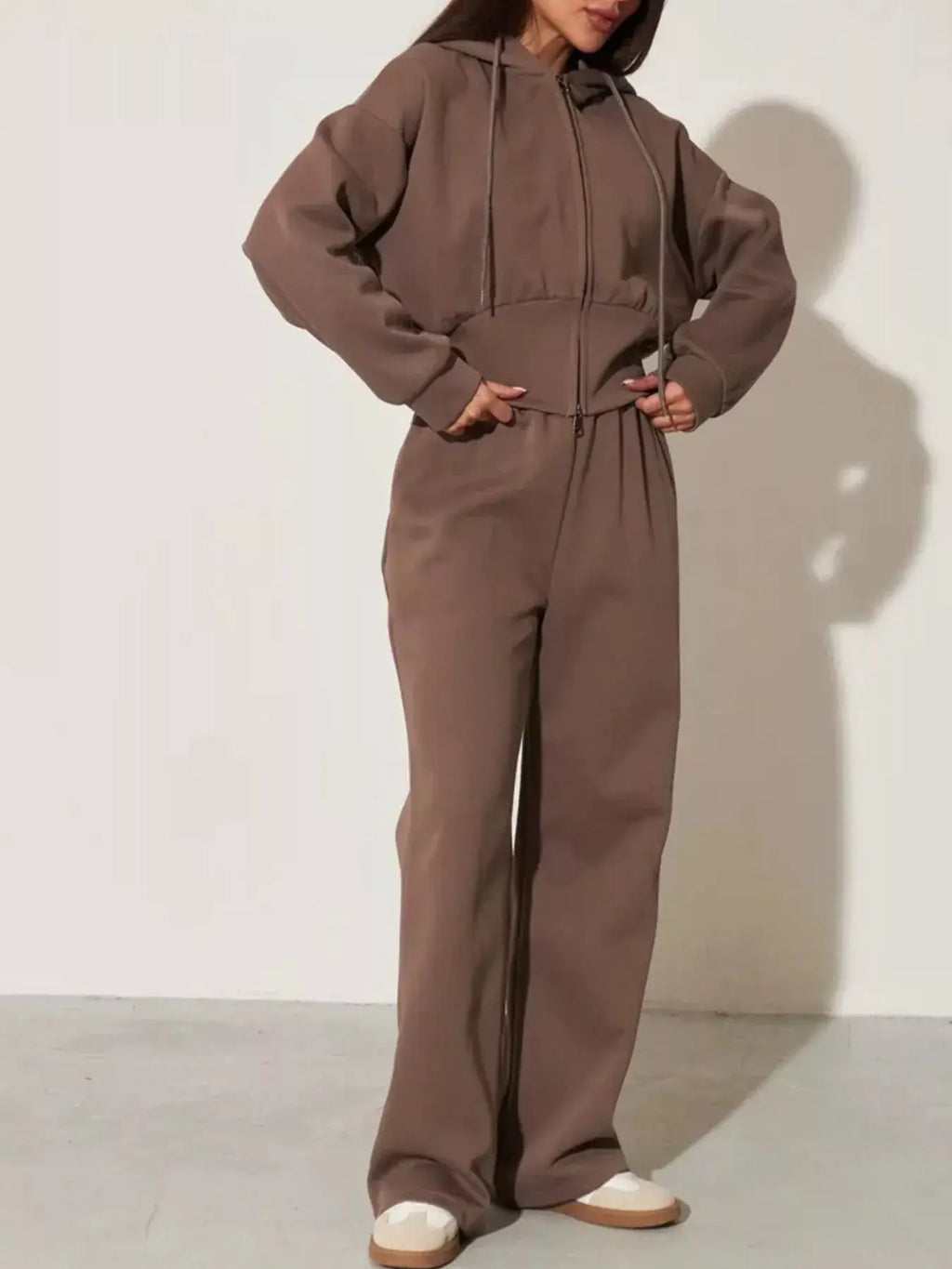 Zip-Up Hoodie & Wide Leg Pants Set for women in taupe, two-piece loungewear.
