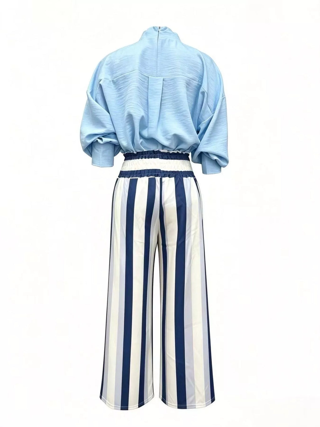 Mock Neck Blouse & Striped Wide-Leg Pants Set in Sky Blue by Belle Bijouix – view 10 of 12