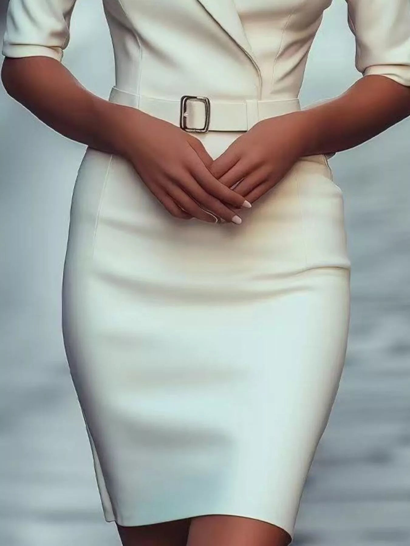 Surplice Half Sleeve Dress, white belted, knee-length.