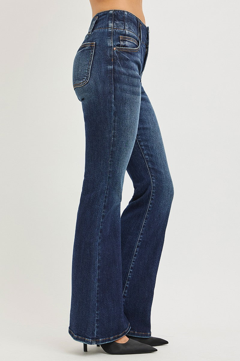 RISEN high-rise flare jeans by Trendsi in dark denim with seam-detail waistband