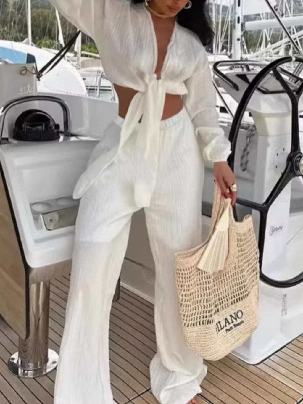 Textured tie-front crop top and wide-leg pants two-piece set, white fabric