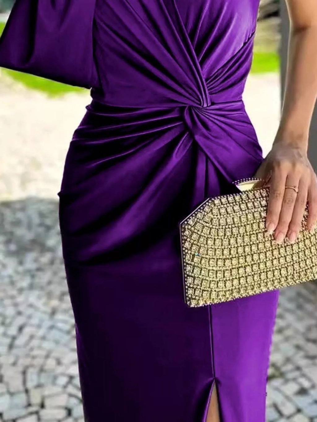 Purple satin one-shoulder knot-detail maxi dress plus size by Trendsi with side slit