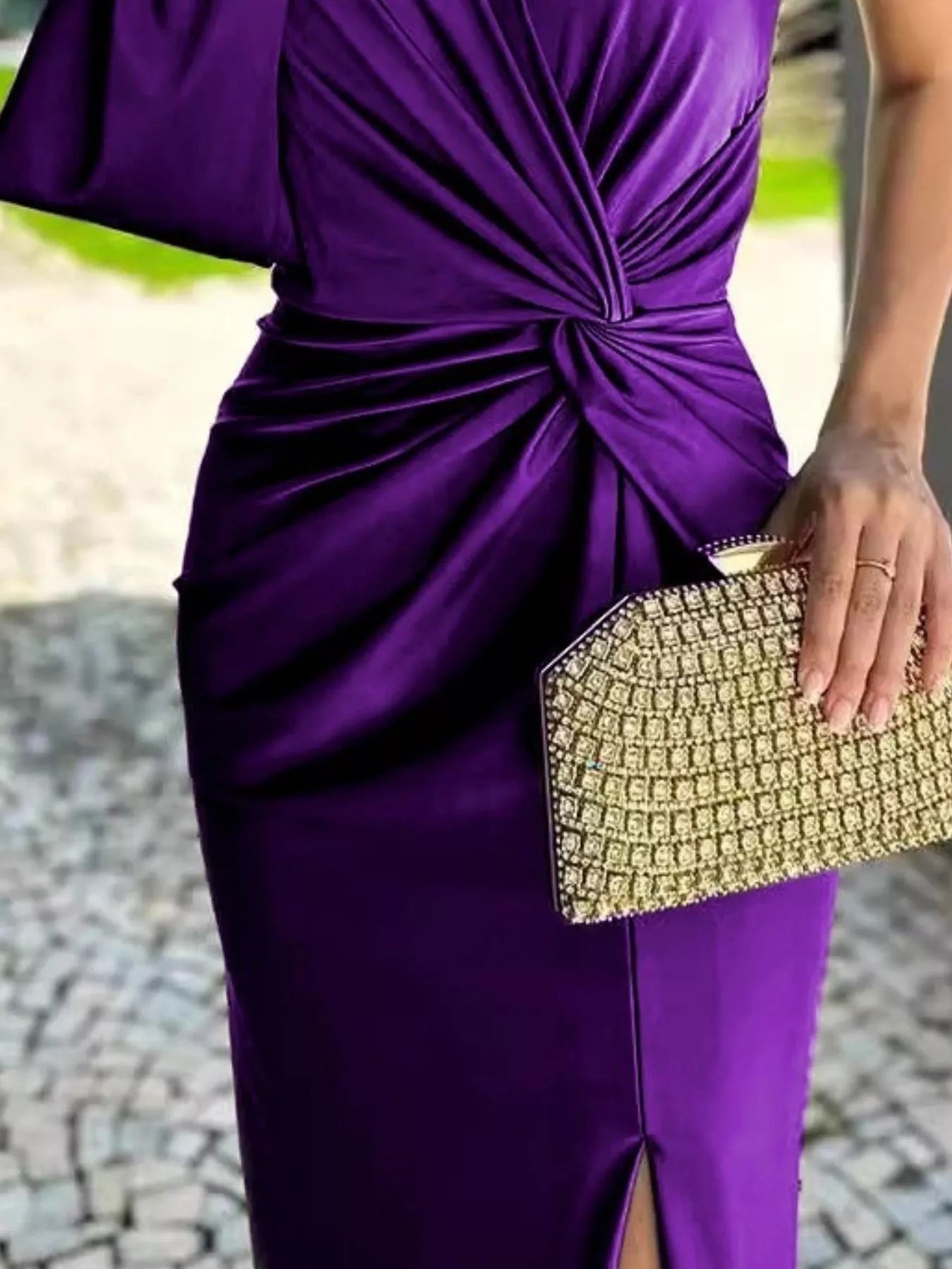 Purple satin one-shoulder knot-detail maxi dress plus size by Trendsi with side slit