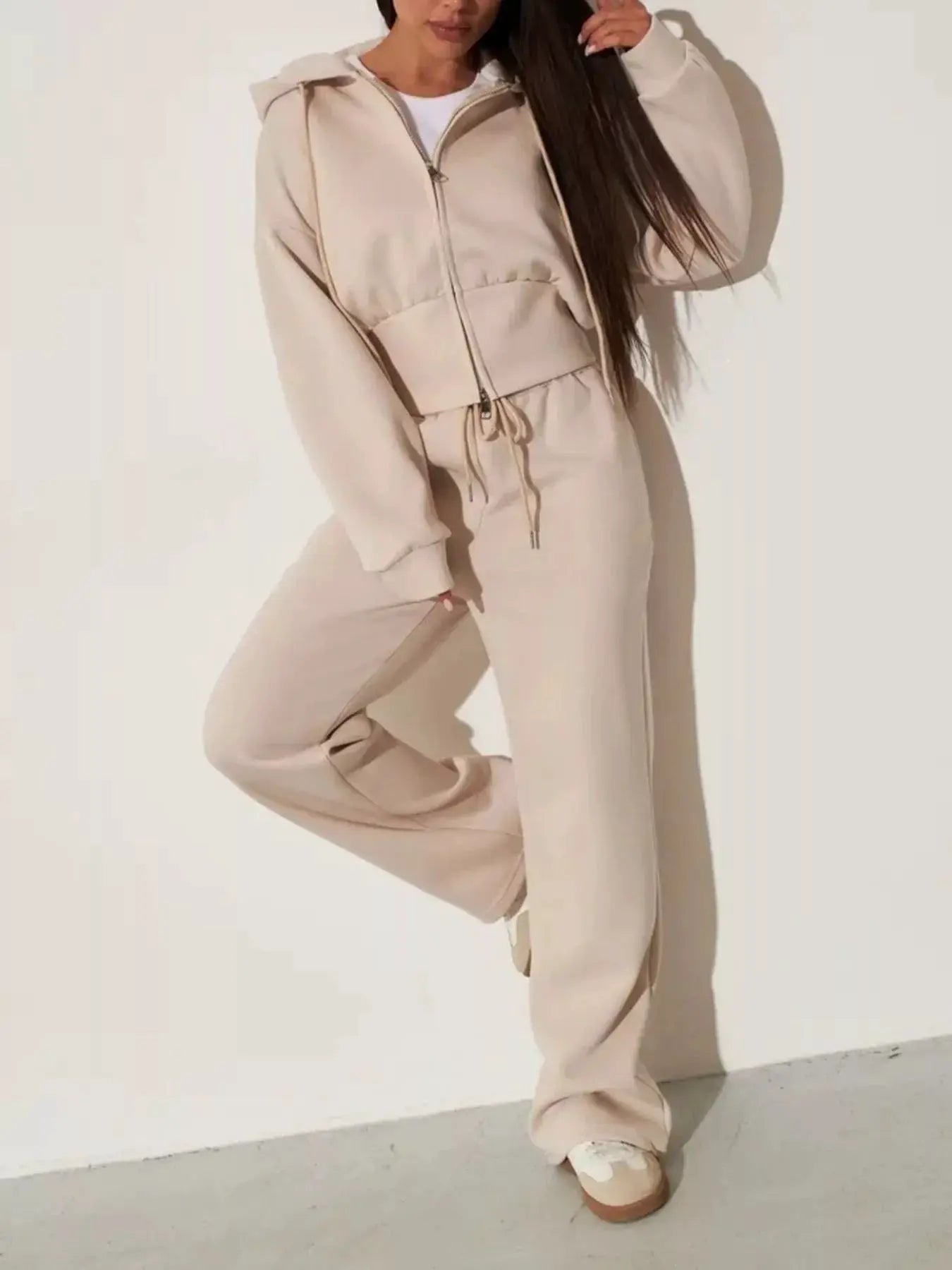 Two-piece Zip-Up Hoodie & Wide-Leg Pants Set in beige for women; loungewear