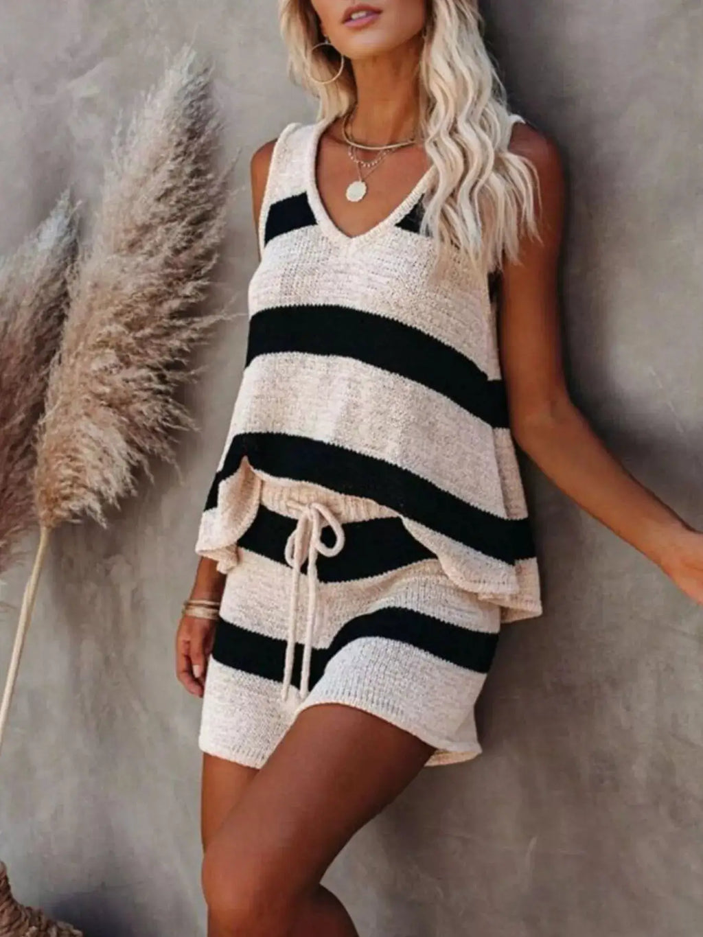 Striped knit tank and shorts set by Belle Bijouix; beige with bold black stripes, two-piece summer outfit