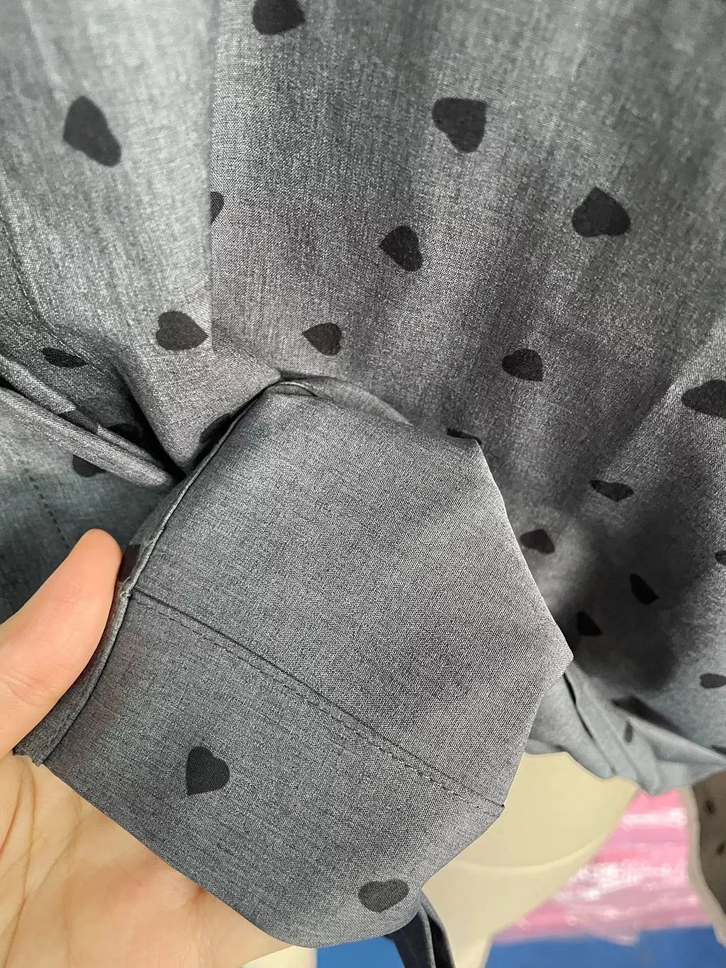 Heart Print Button Up Flounce Sleeve Shirt gray with black hearts by Belle Bijouix