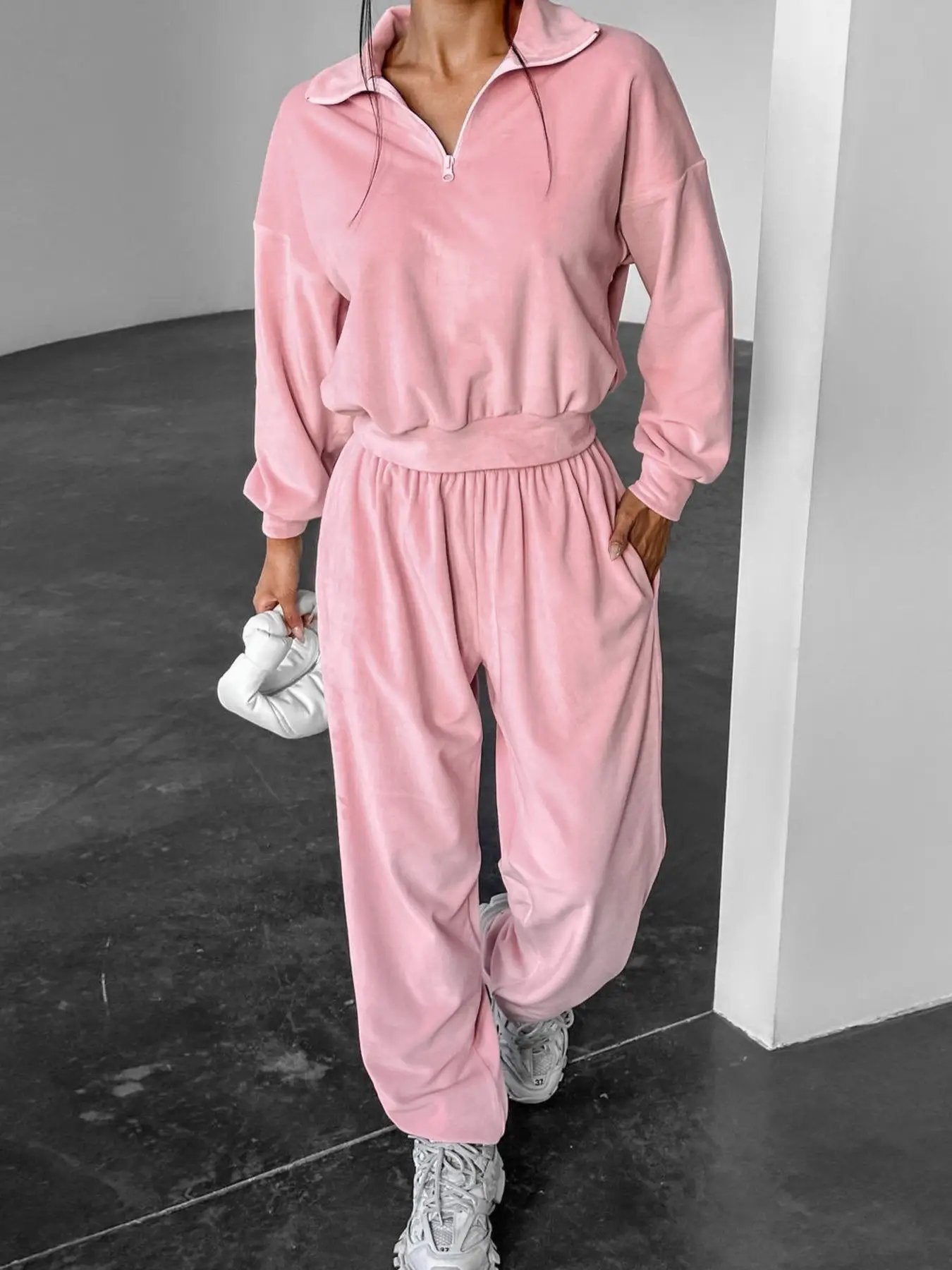 Quarter Zip Long Sleeve Top and Pants Set in pink velour; 2-piece sleepwear/loungewear