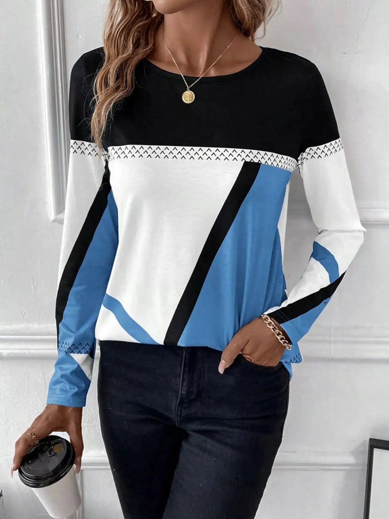 Color Block Long Sleeve T-Shirt in black, white and blue with diagonal panels.