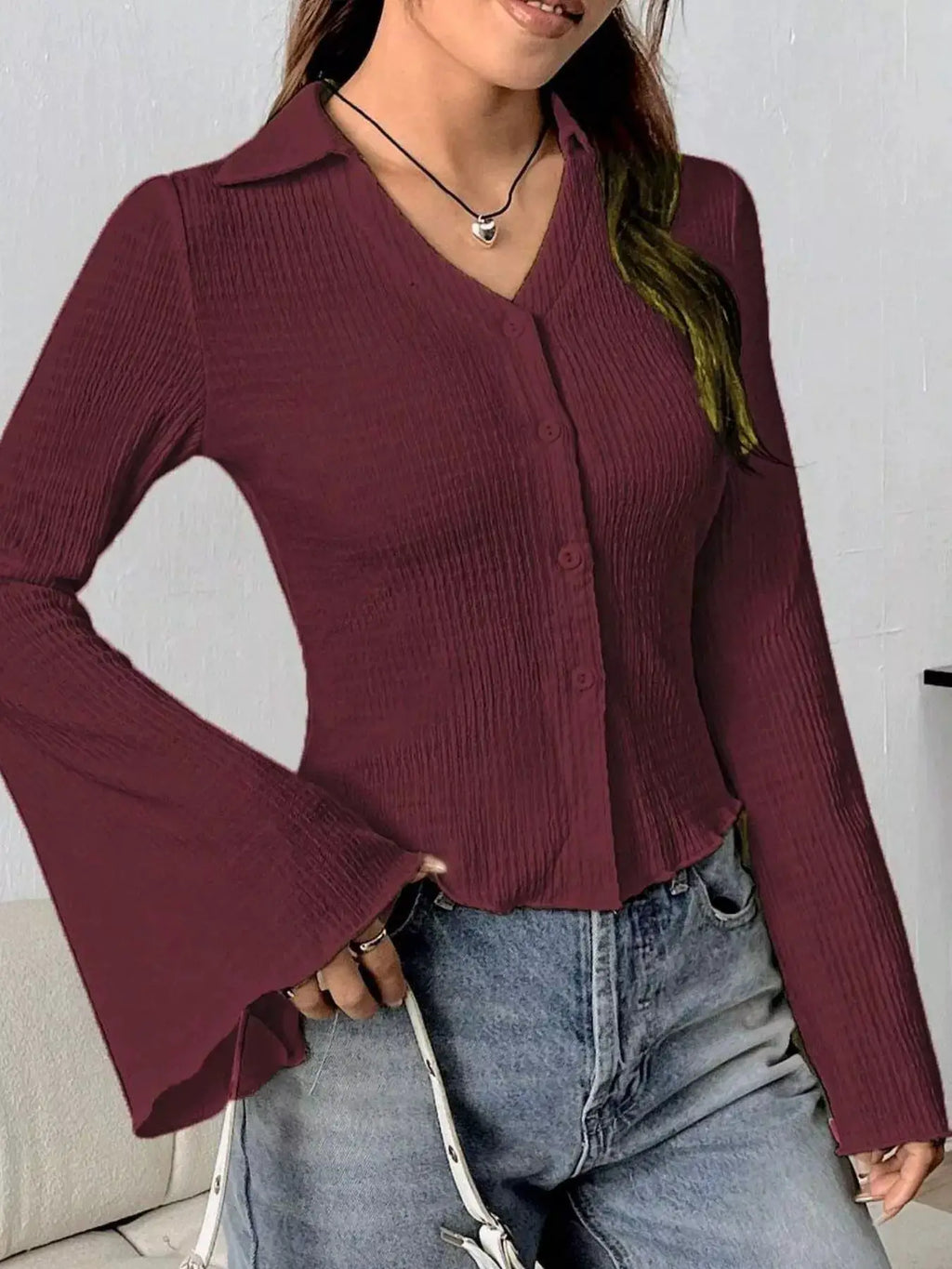 Button Up Flare Sleeve Shirt in burgundy with ribbed texture, front buttons, and ruched details.