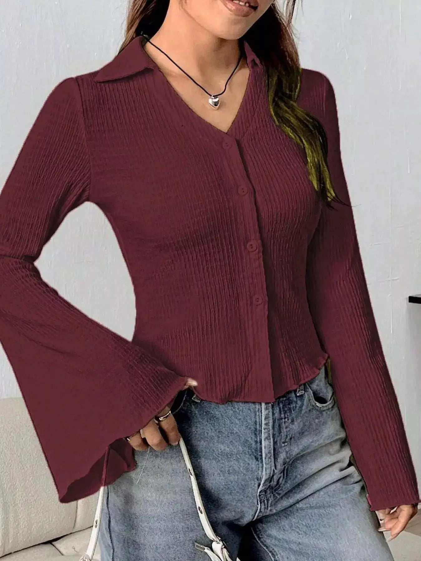 Button Up Flare Sleeve Shirt in burgundy with ribbed texture, front buttons, and ruched details.